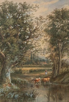 Late 19th Century Watercolour - Milkmaid Amongst the Cattle