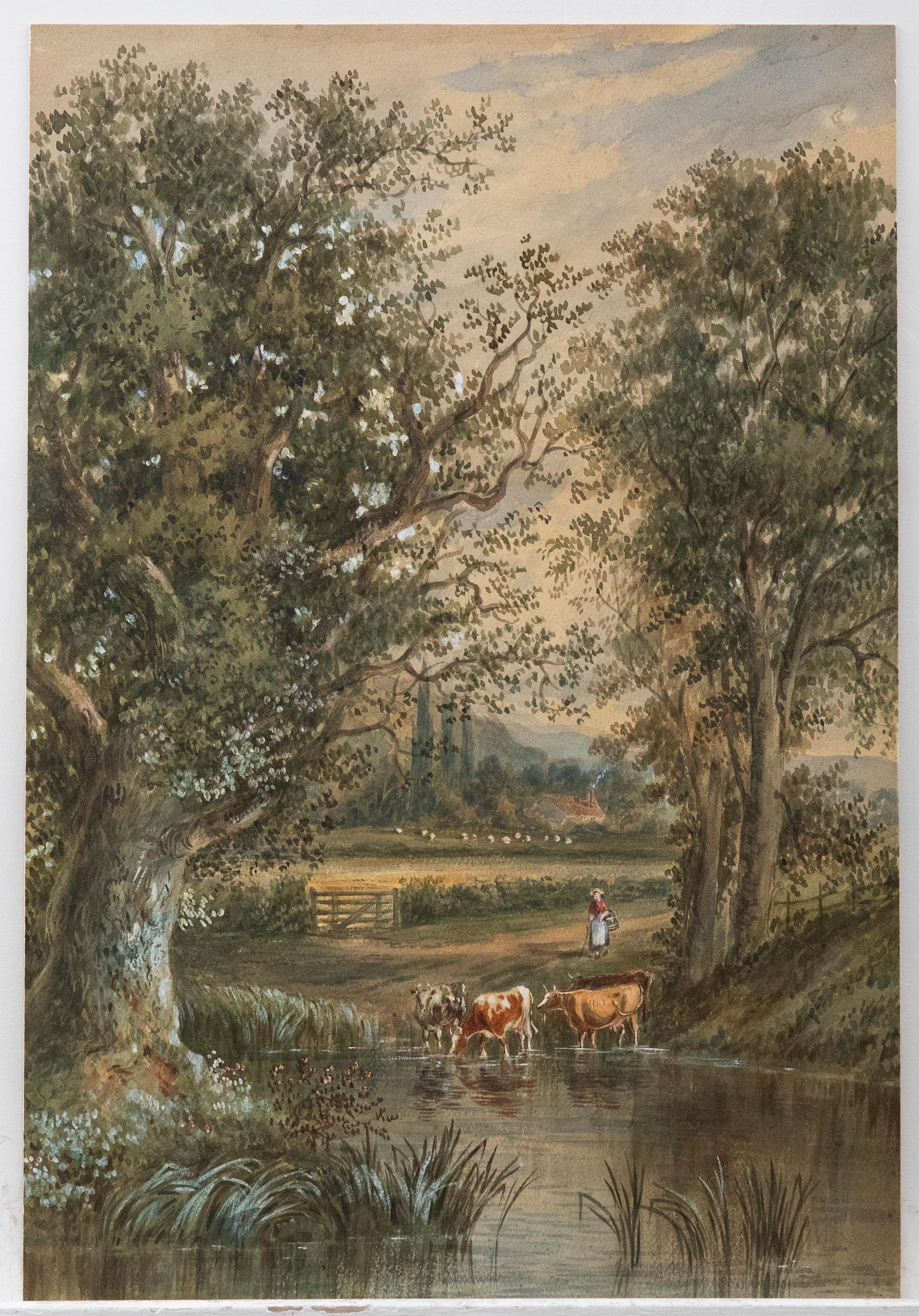 Late 19th Century Watercolour - Milkmaid Amongst the Cattle - Art by Unknown