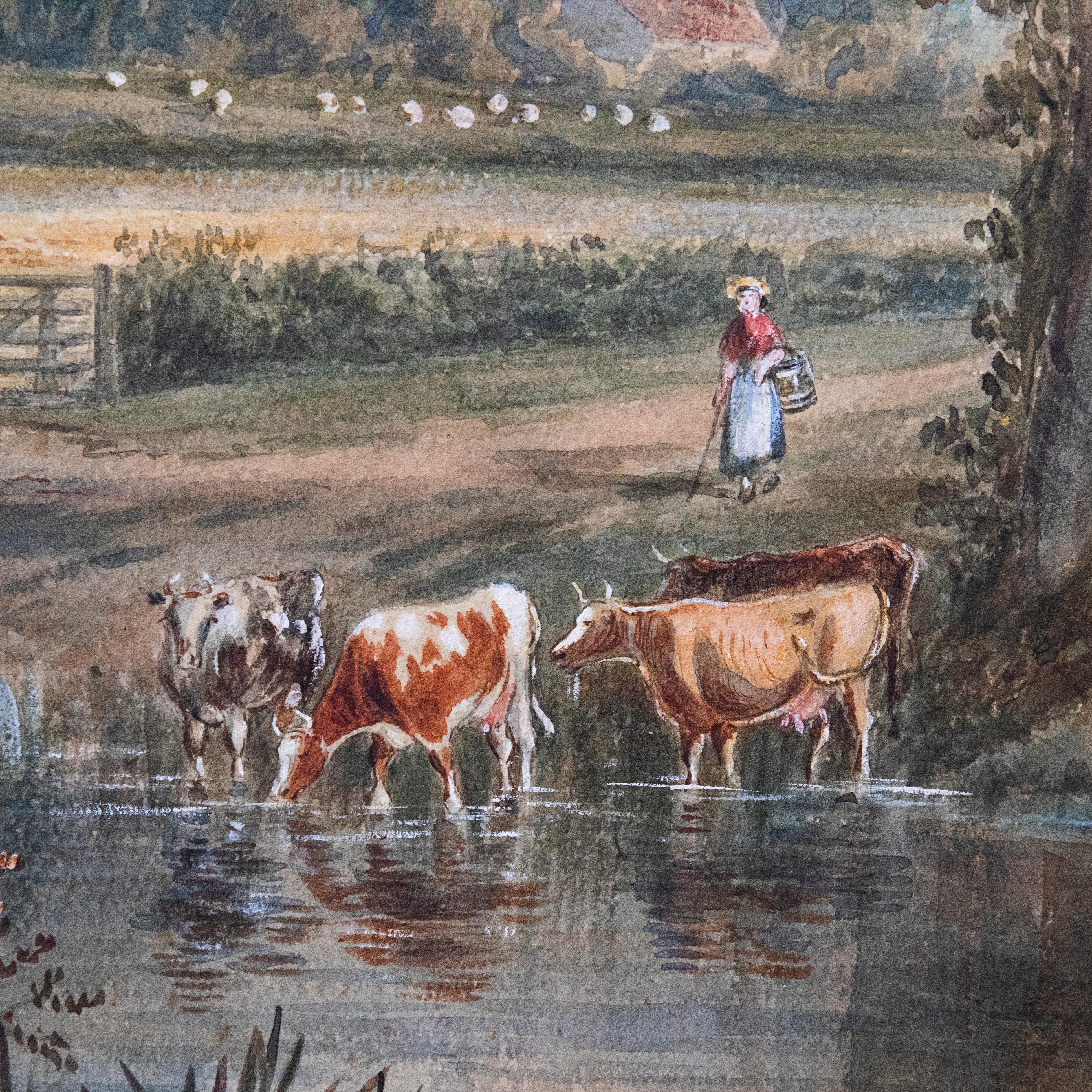 This delightful late 19th century watercolour depicts a small herd of watering cattle standing round a river's edge. A milkmaid can be seen a few steps behind, calling the cattle with her pail ready for milking. Unsigned. On paper laid to card. 