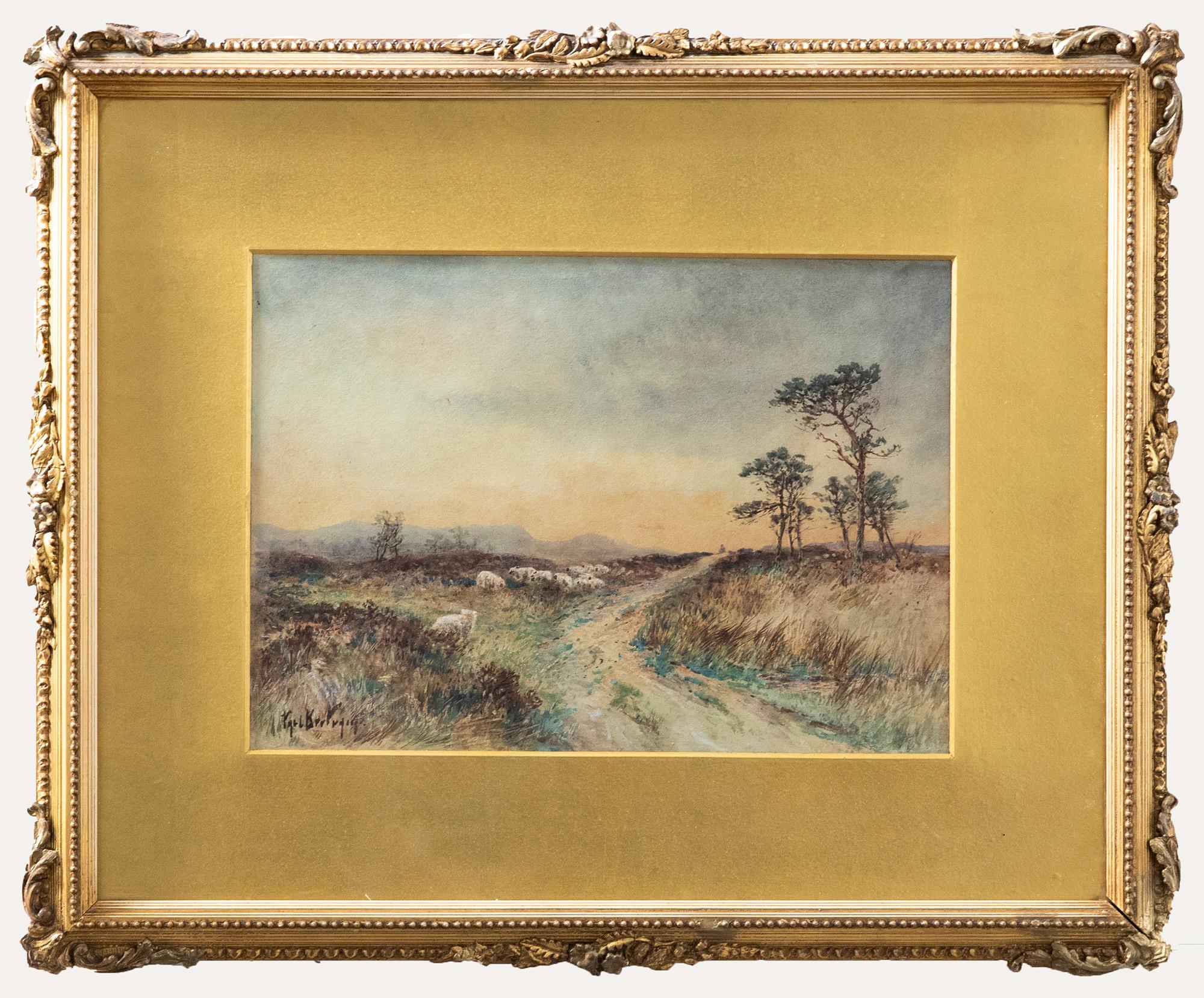 Unknown Landscape Art – Gerahmt English School frühen 20. Jahrhundert Aquarell - Moorland Weiden