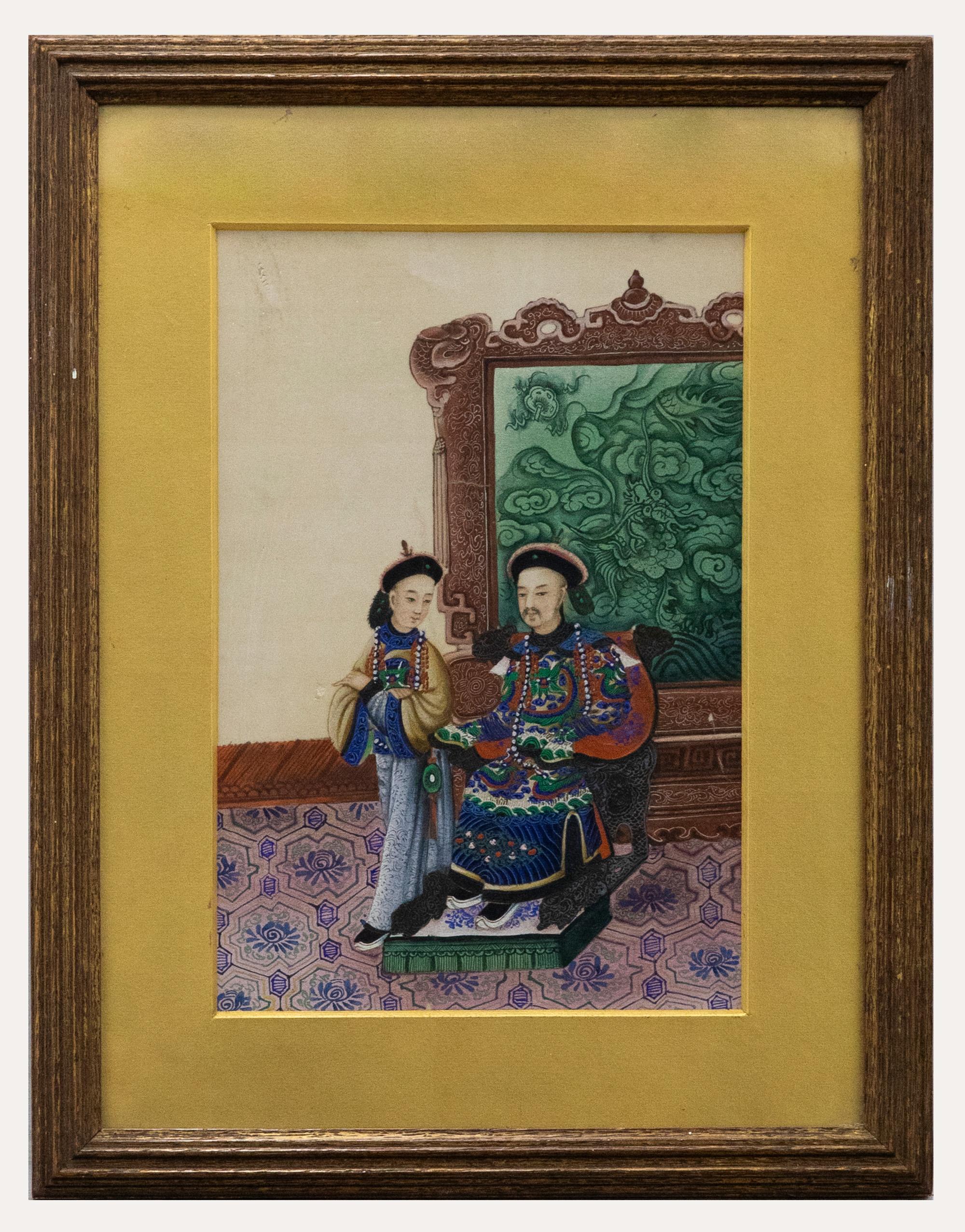 Portrait Unknown - Aquarelle de la fin du 19e siècle de l'école chinoise - Dignitaire assis et son épouse