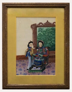 Aquarelle de la fin du 19e siècle de l'école chinoise - Dignitaire assis et son épouse