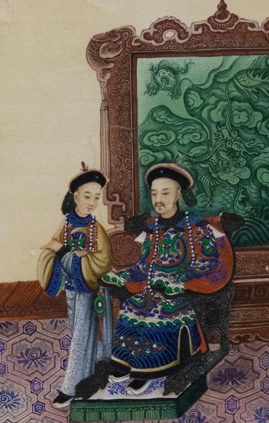 Aquarelle de la fin du 19e siècle de l'école chinoise - Dignitaire assis et son épouse - Art de Unknown