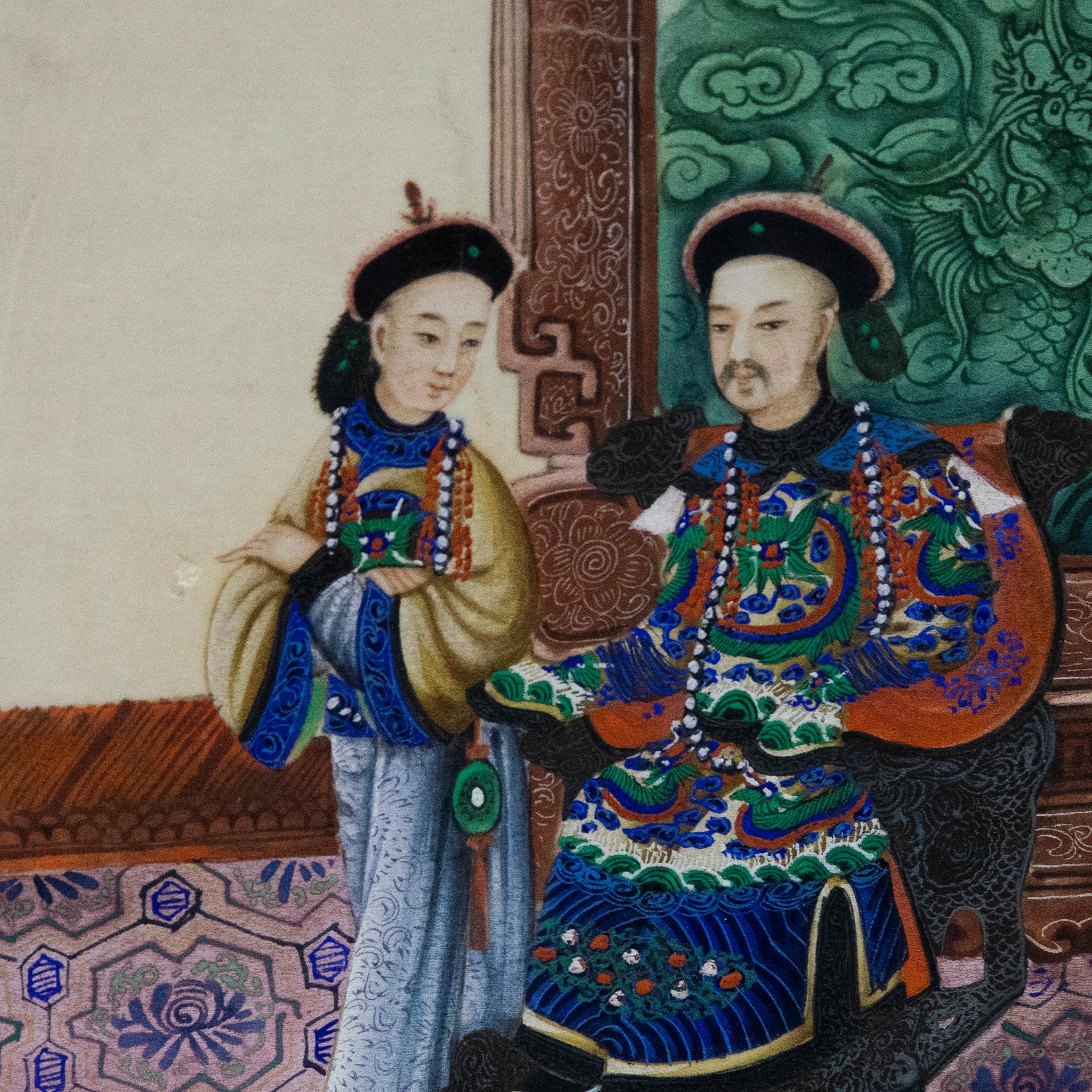 Aquarelle de la fin du 19e siècle de l'école chinoise - Dignitaire assis et son épouse en vente 1