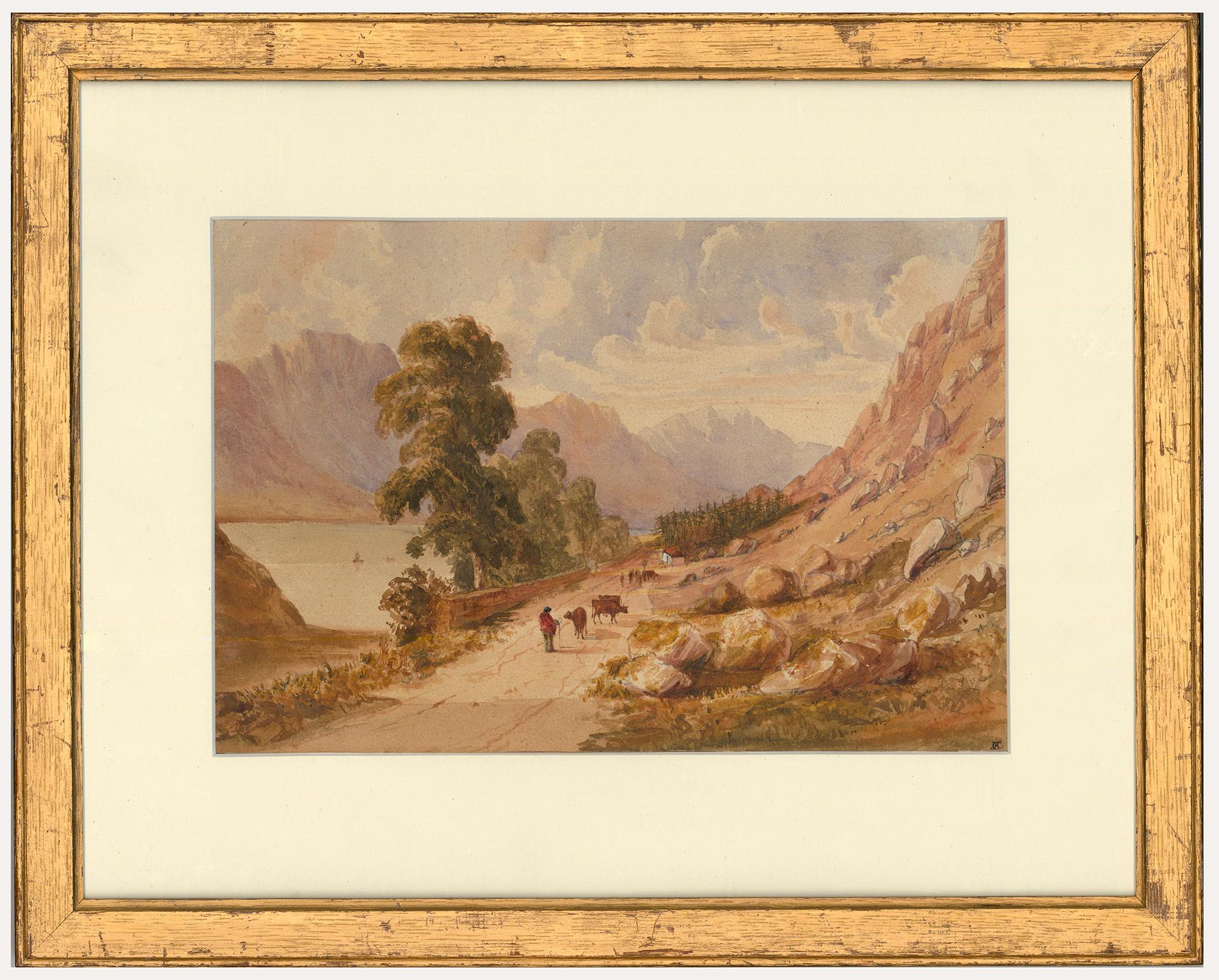 A delightful watercolour scene by Charles Parsons Knight (1829-1897), depicting a European farmer herding a small group of cattle down a scenic lakeside path. The watercolour has been monogrammed by the artist to the lower right. Well-presented in a