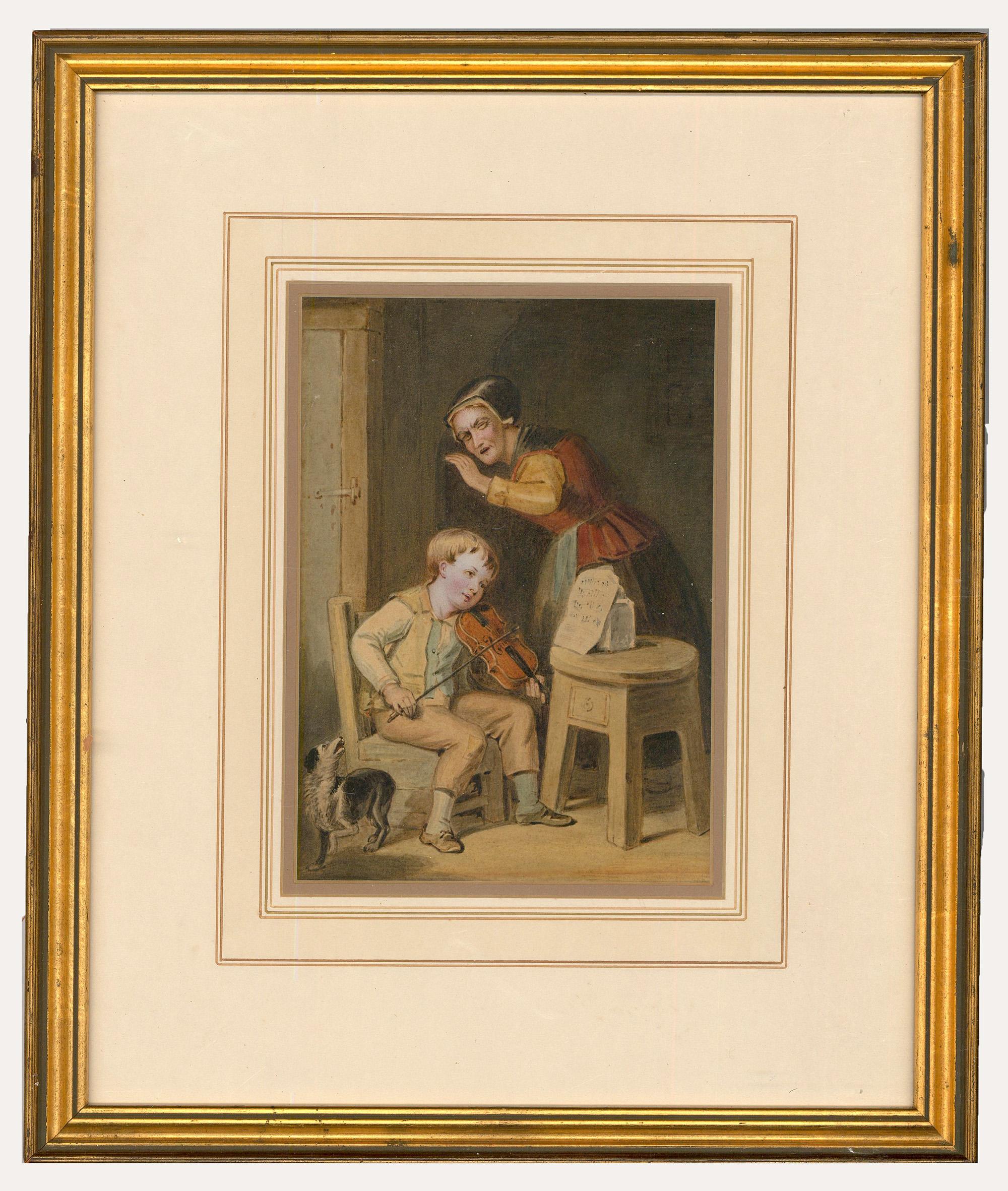 The saying practice makes perfect springs to mind when describing this fine watercolour of a young boy playing the violin. The watercolour has been well-presented in a wash-line mount and gilt-effect frame. Unsigned. On paper. 