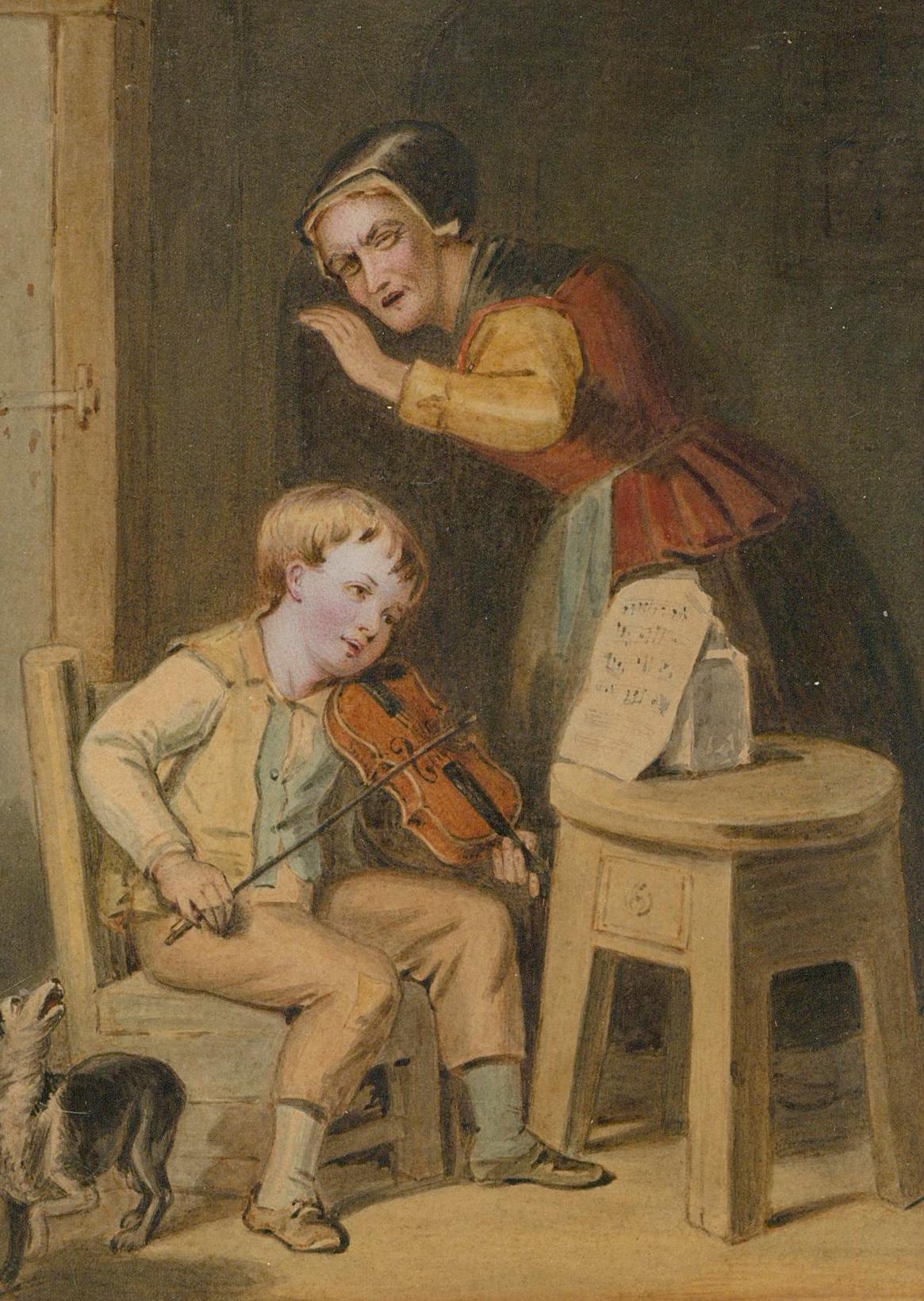 Circle of William Henry Hunt (1790-1864)- Framed Watercolour, The Violin Lesson For Sale 1