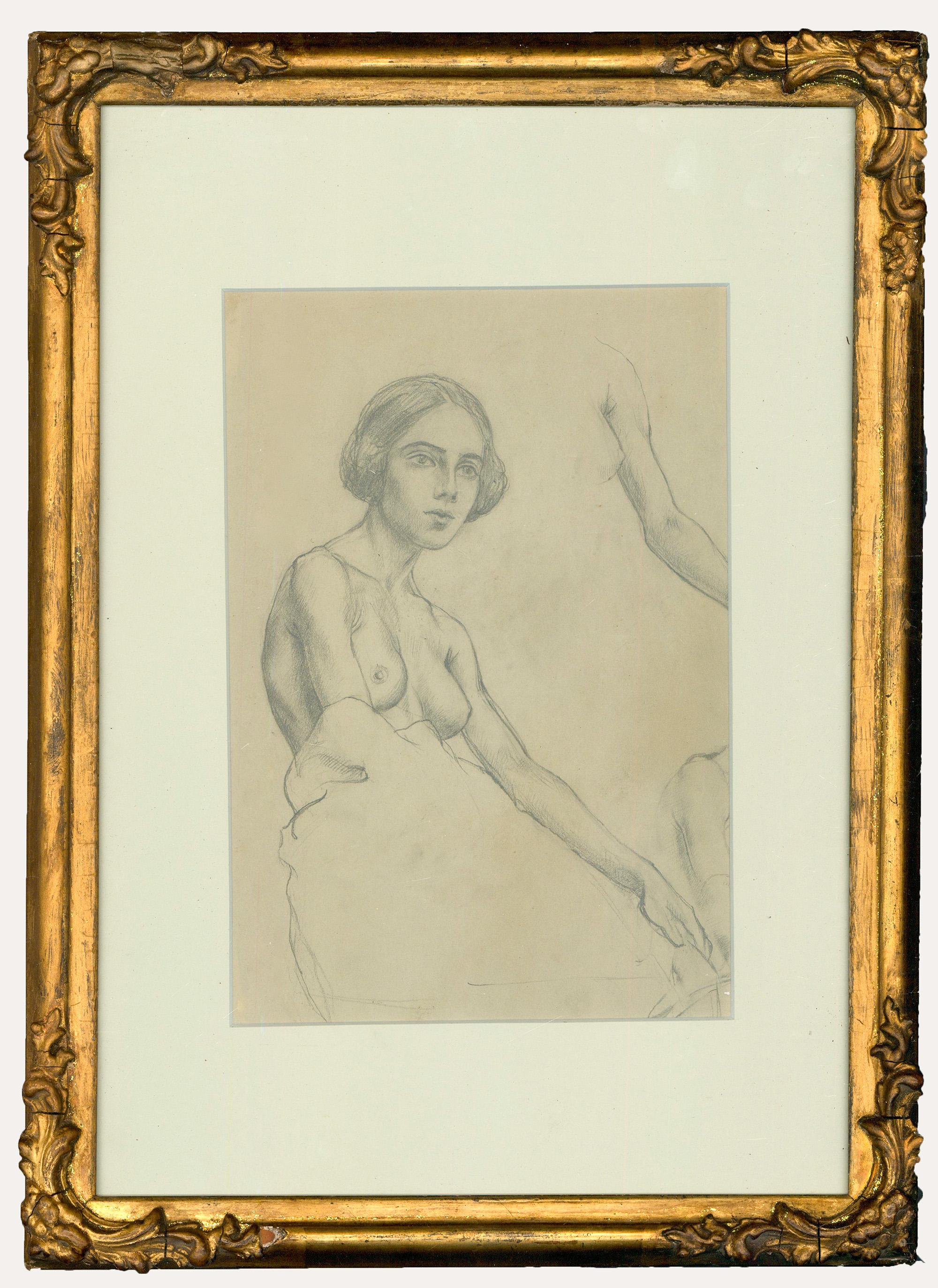 A fine life drawing depicting a seated woman partially covered with material. The artist captures the model in a delicate hand showing primary sketches in preparation to the upper right. Presented in a gilt frame with foliate corner mouldings. On