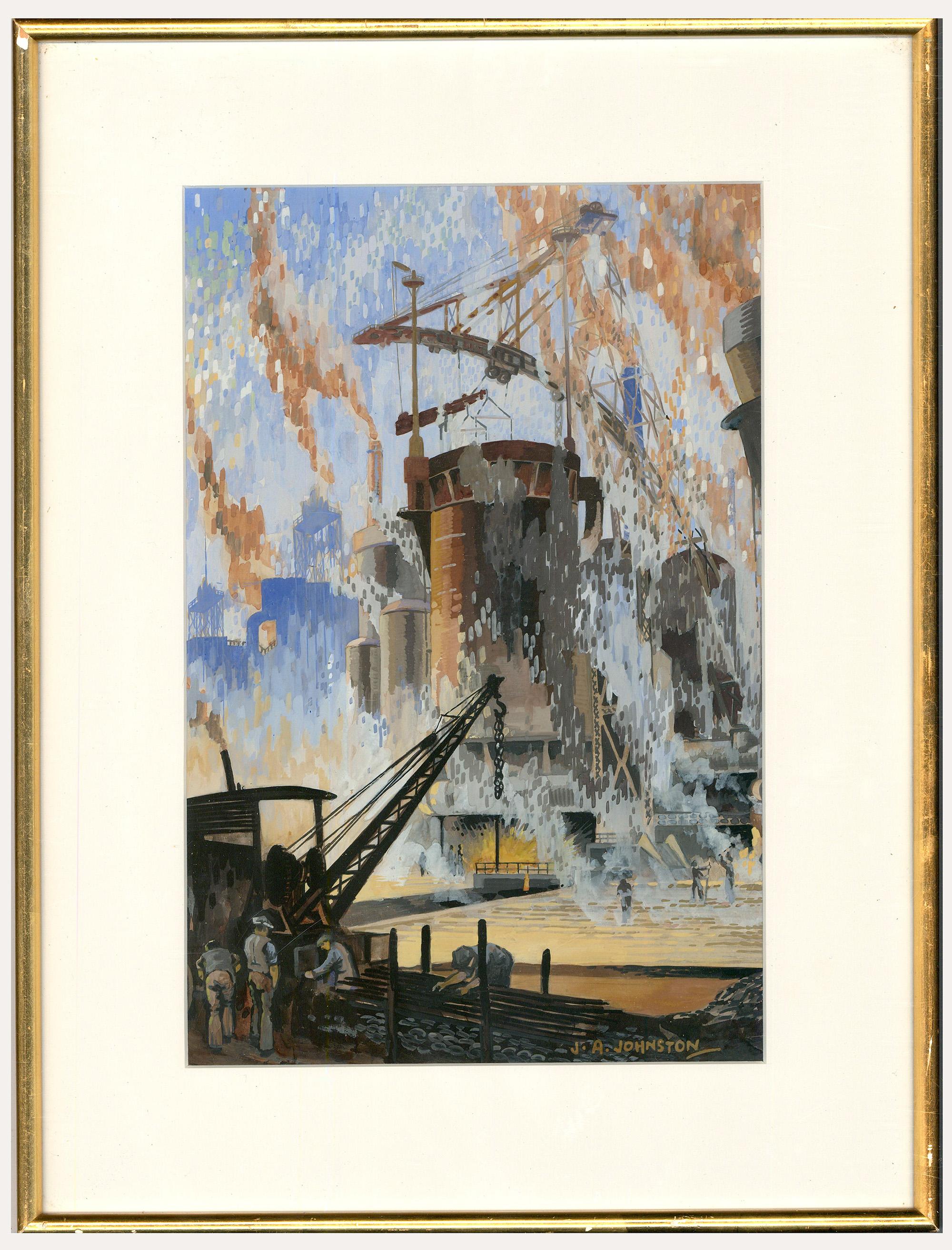 Unknown Landscape Art - J.A. Johnston - Framed 20th Century Gouache, The Iron Works