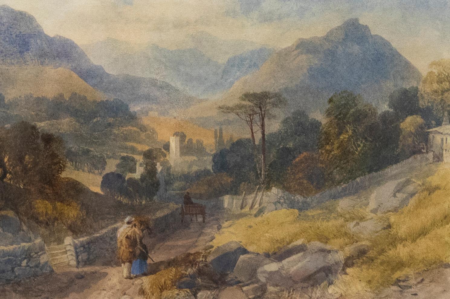 An original mid-19th century watercolour by British artist James Burrell Smith (1822-1897). The painting depicts a breathtaking view of the Lake District from Grasmere's Old Road. A horse and cart can be seen in the foreground, closely followed by a