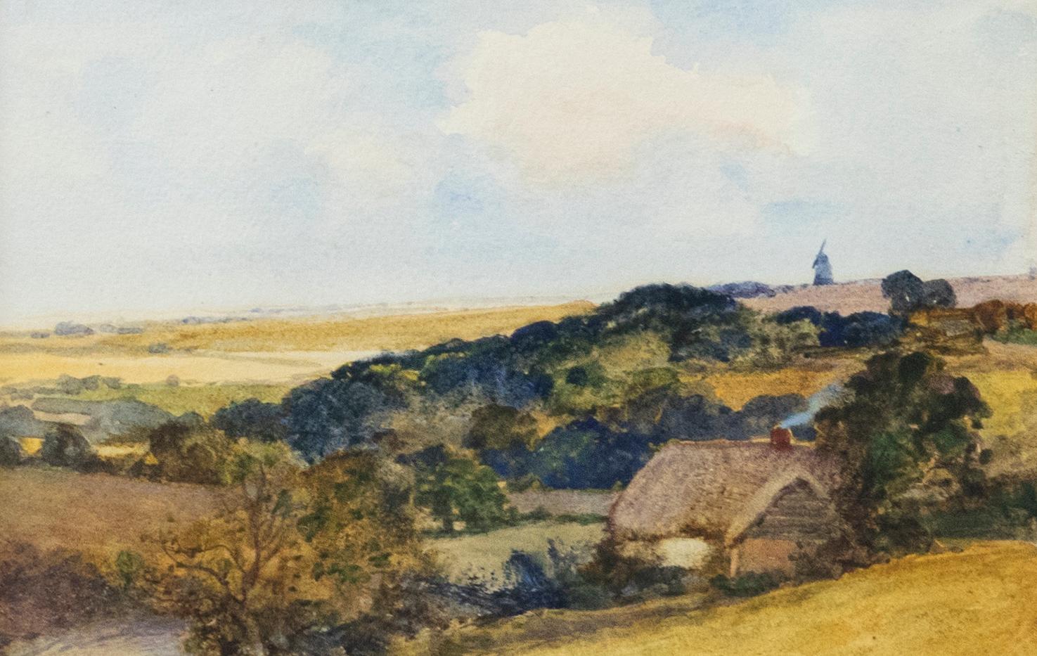A delightful watercolour painting by Leopold Rivers (1852-1905), depicting a thatched cottage in the countryside with windmill on higher ground. The watercolour has been well-presented in an ornate gilt-effect frame with swept rails and foliate