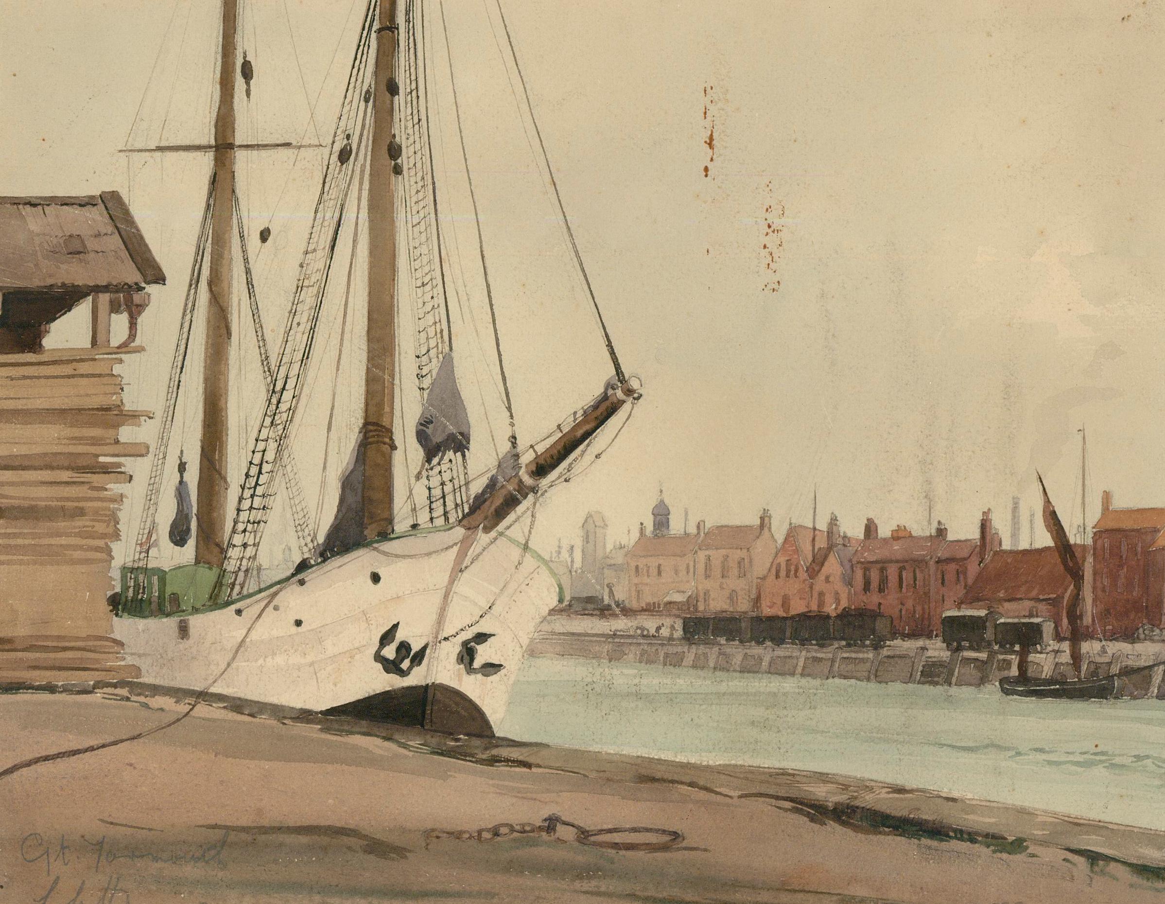 Leslie L. Hardy Moore (1907-1997) - Aquarell, Weißes Schiff in Great Yarmouth, weißes Schiff – Art von Unknown