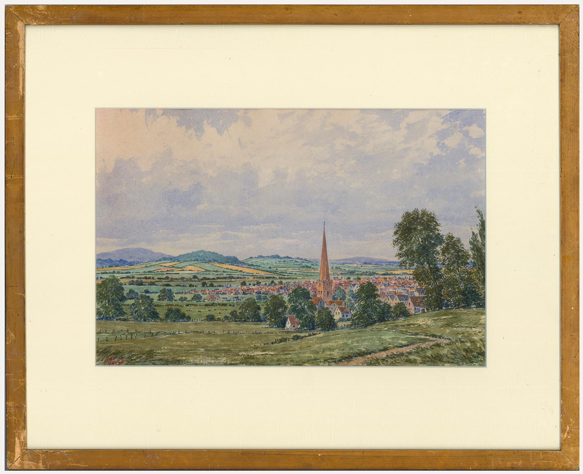 A fine watercolour by the British artist John Weston Gough, depicting an English town with church spire and rolling hills in the distance. Presented in a distressed gilt frame and cream card mount. Signed to the lower left. On paper. 