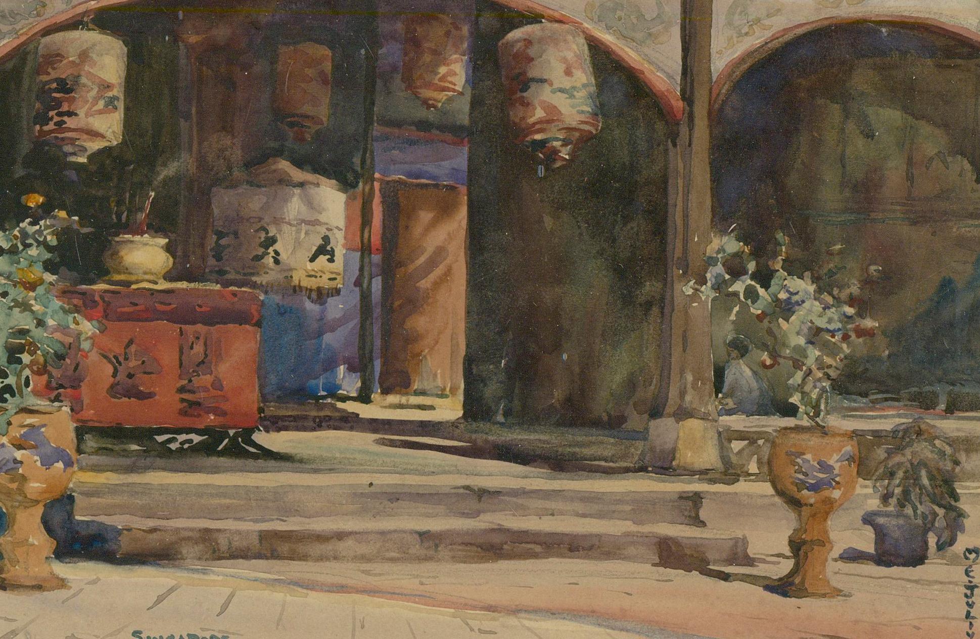 M. E. Julius - ca. 1980 Aquarell, A Street in Singapur, M. E. Julius – Art von Unknown