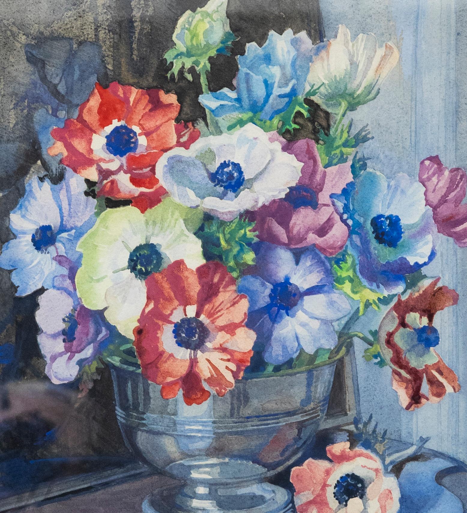 Isabel Wrightson (1890-1950) - Framed Watercolour, Anemones in a Bowl For Sale 1