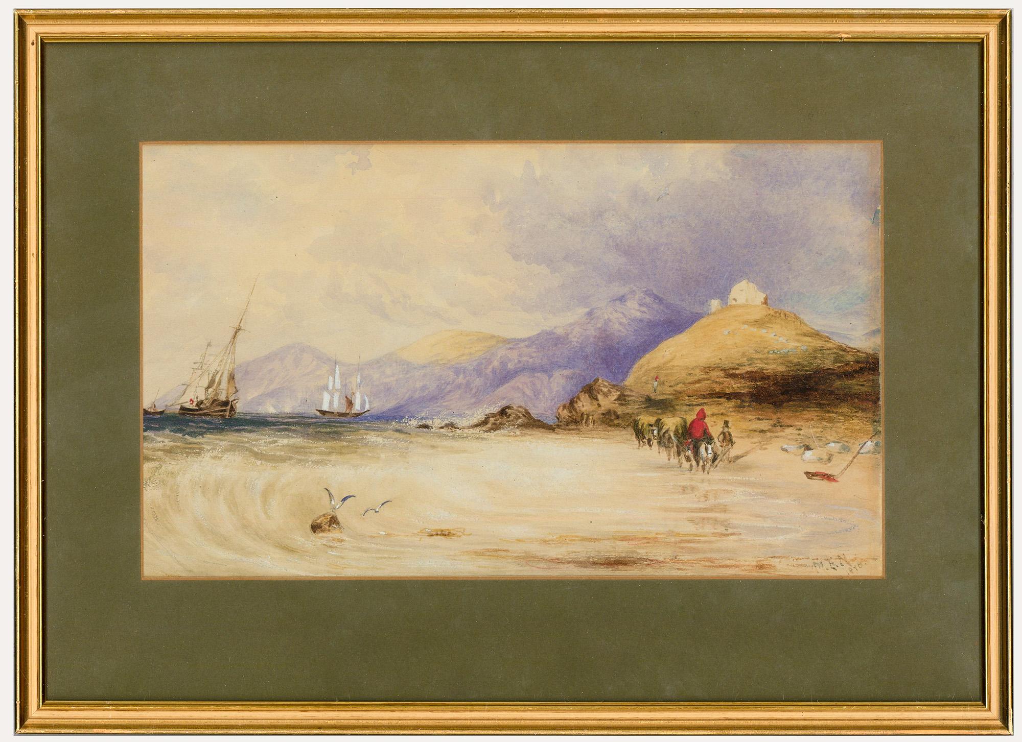 A charming watercolour scene depicting clippers sailing the coastline. In the foreground figures lead donkeys across the sand. Signed and dated to the lower right. Presented in a gilt frame. On paper. 