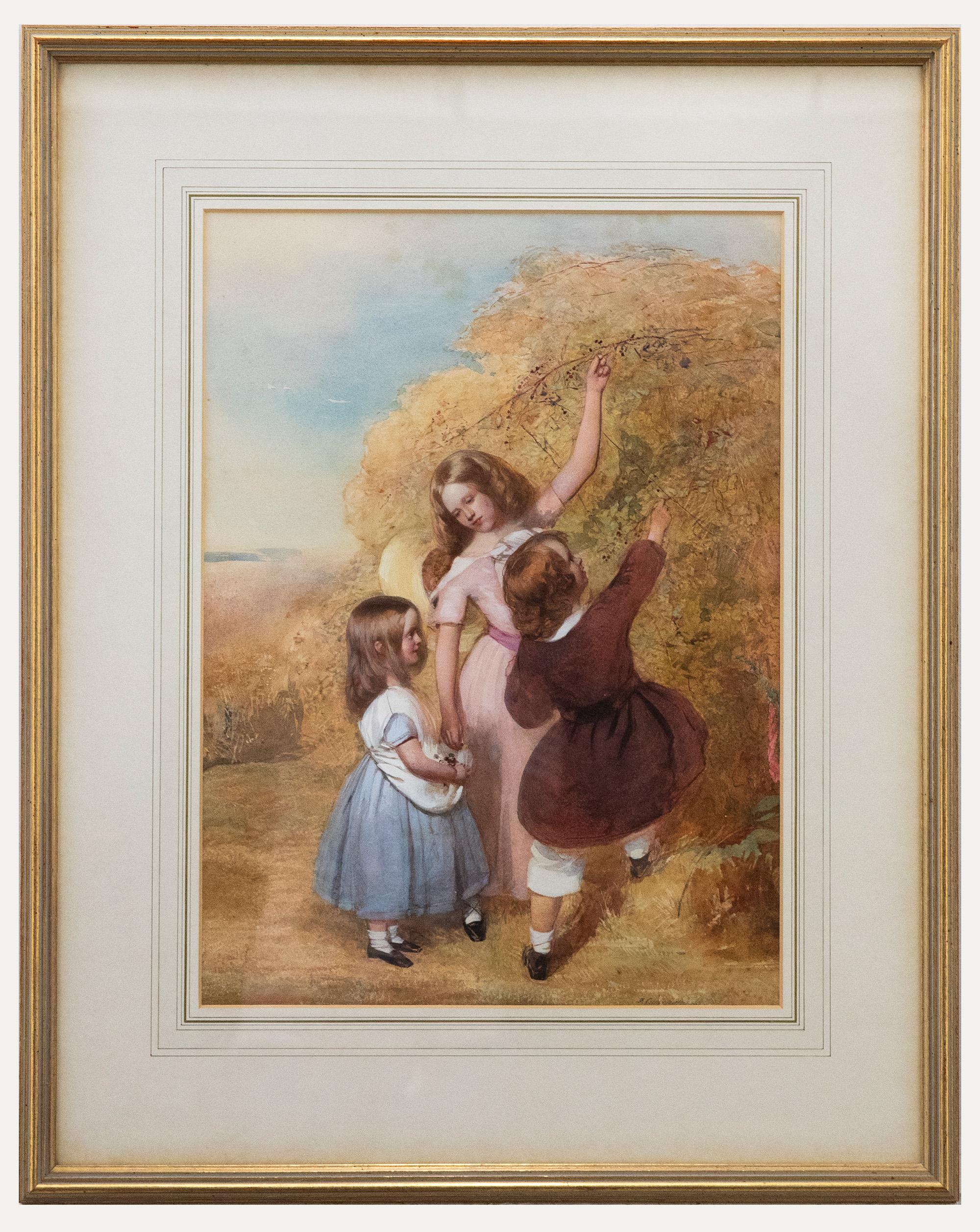 Unknown Portrait – Frederick Cruickshank (1800-1868) - 1855 Aquarell, Kinder beim Beeren picken