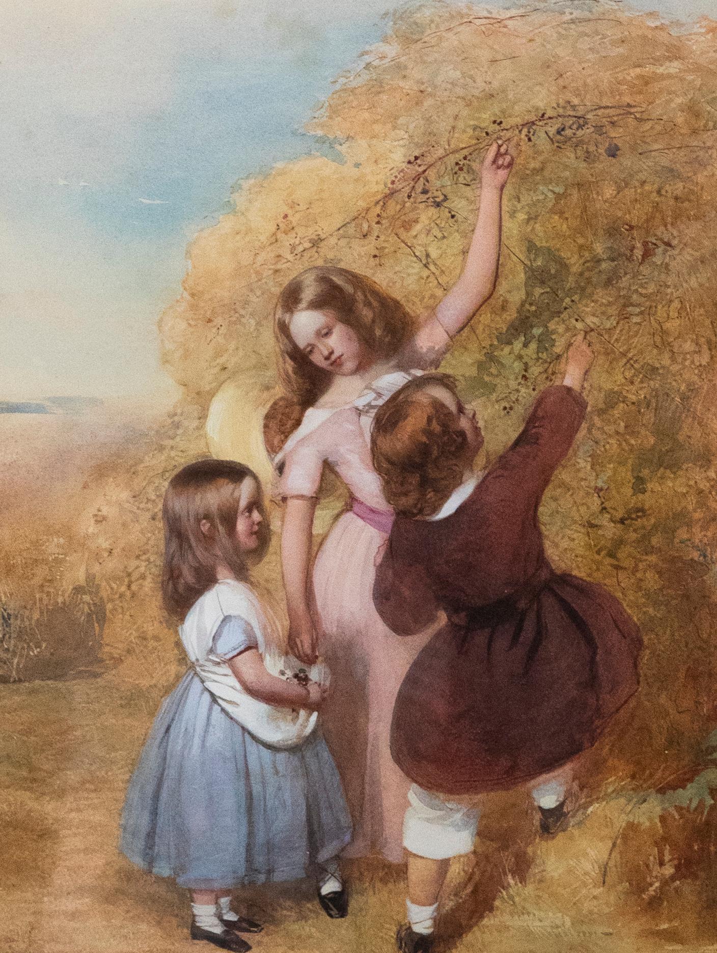Frederick Cruickshank (1800-1868) - 1855 Watercolour, Children Berry Picking - Art by Unknown
