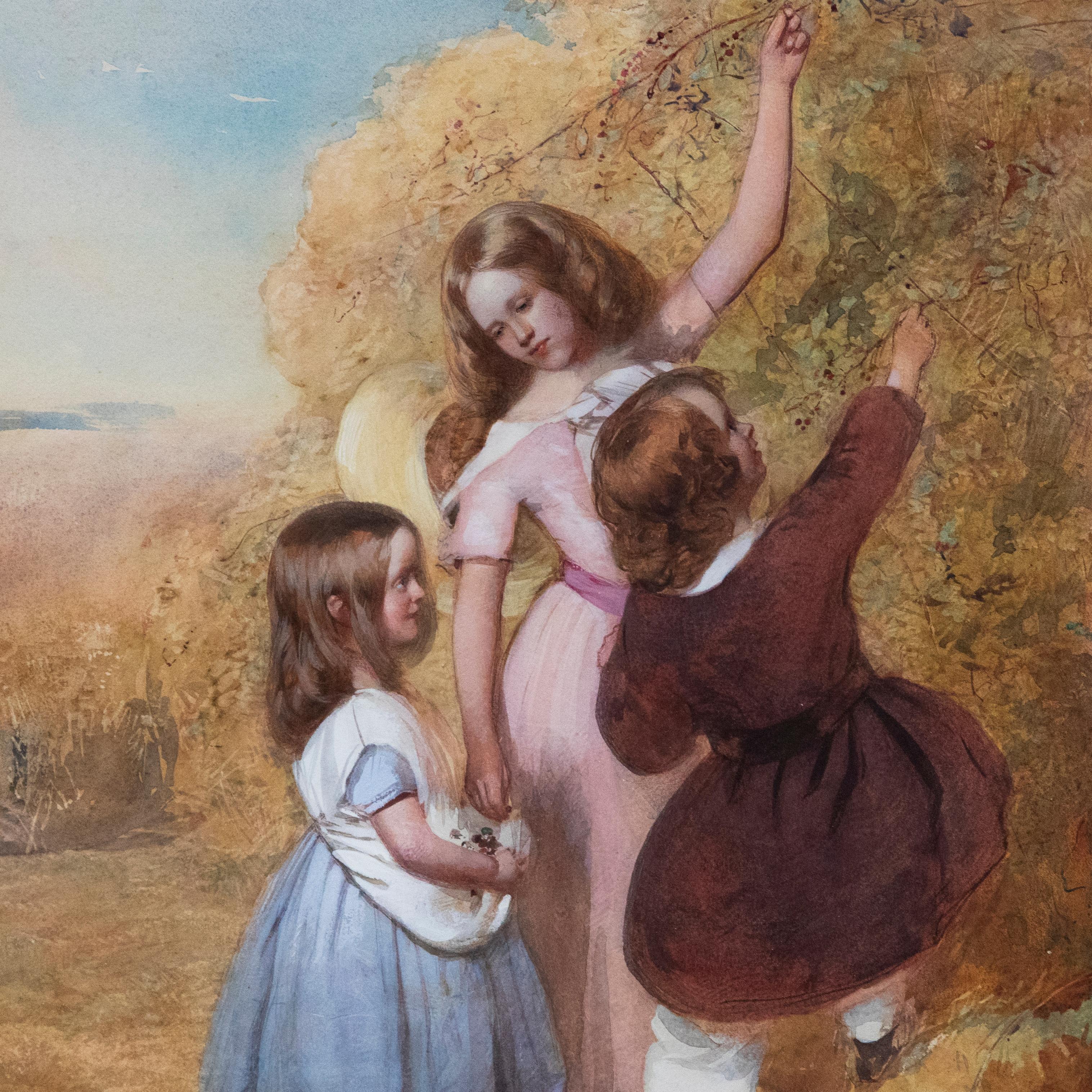 Frederick Cruickshank (1800-1868) - 1855 Aquarell, Kinder beim Beeren picken im Angebot 1