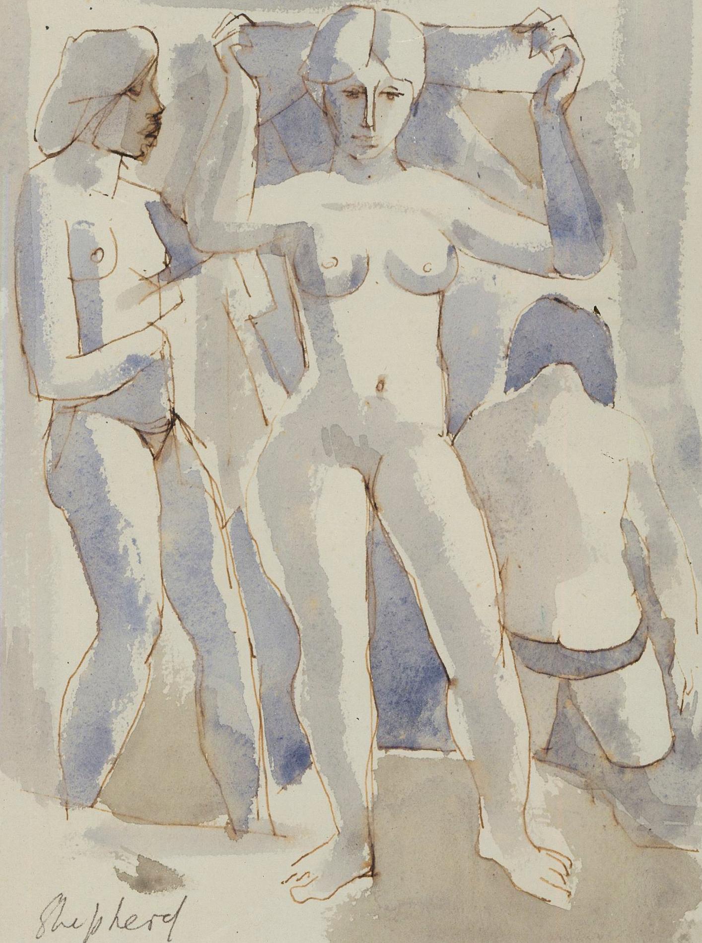 Sydney d'Horne Shepherd (1909-1993) - Acquerello incorniciato, Le bagnanti - Art di Sydney Horne Shepherd