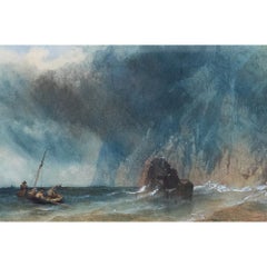 Framed 19th Century Watercolour - Rowing Away from Danger