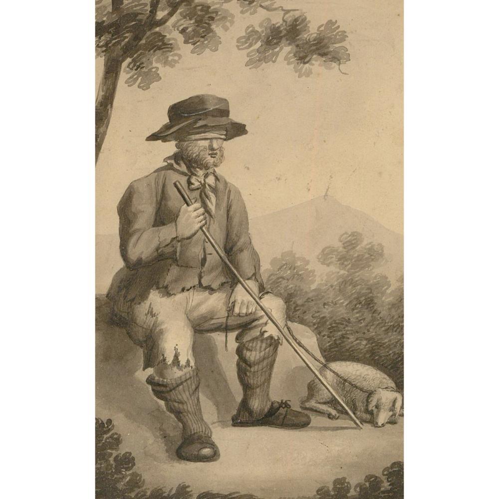 Gerahmtes Aquarell aus dem 18. Jahrhundert – Der Blinde Mann – Art von Unknown