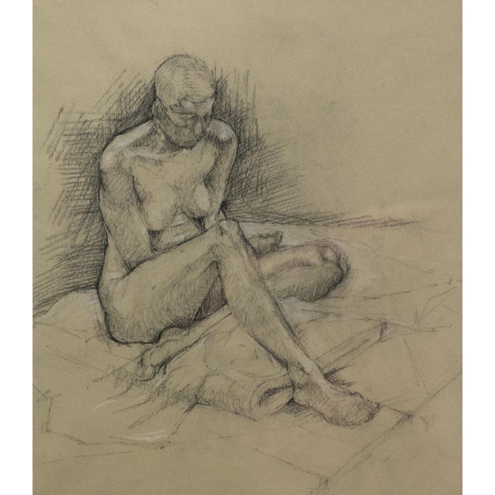 A delicate 20th century life study in charcoal, showing a female sat on a single mat and sheets. Well-presented in a black, high gloss frame with white card mount. Unsigned. On paper. 