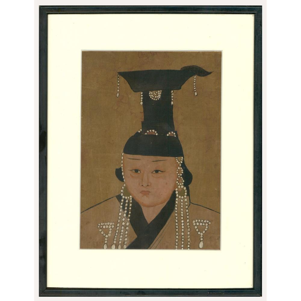 Unknown Portrait - Framed Early 20th Century Chinese Watercolour - Noblewomen in Gugu Hat