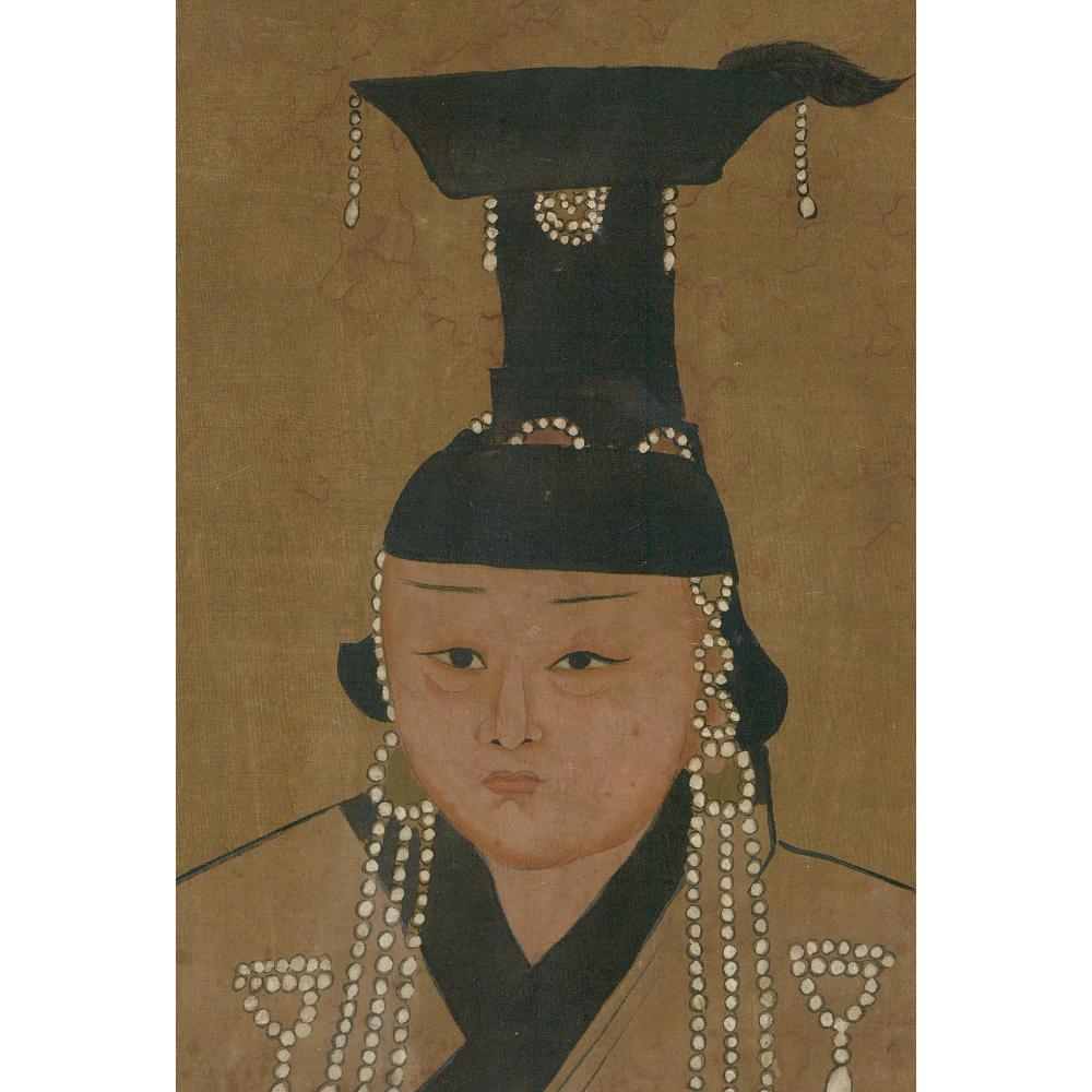 Acuarela china enmarcada de principios del siglo XX - Mujer noble con sombrero gugu - Art de Unknown
