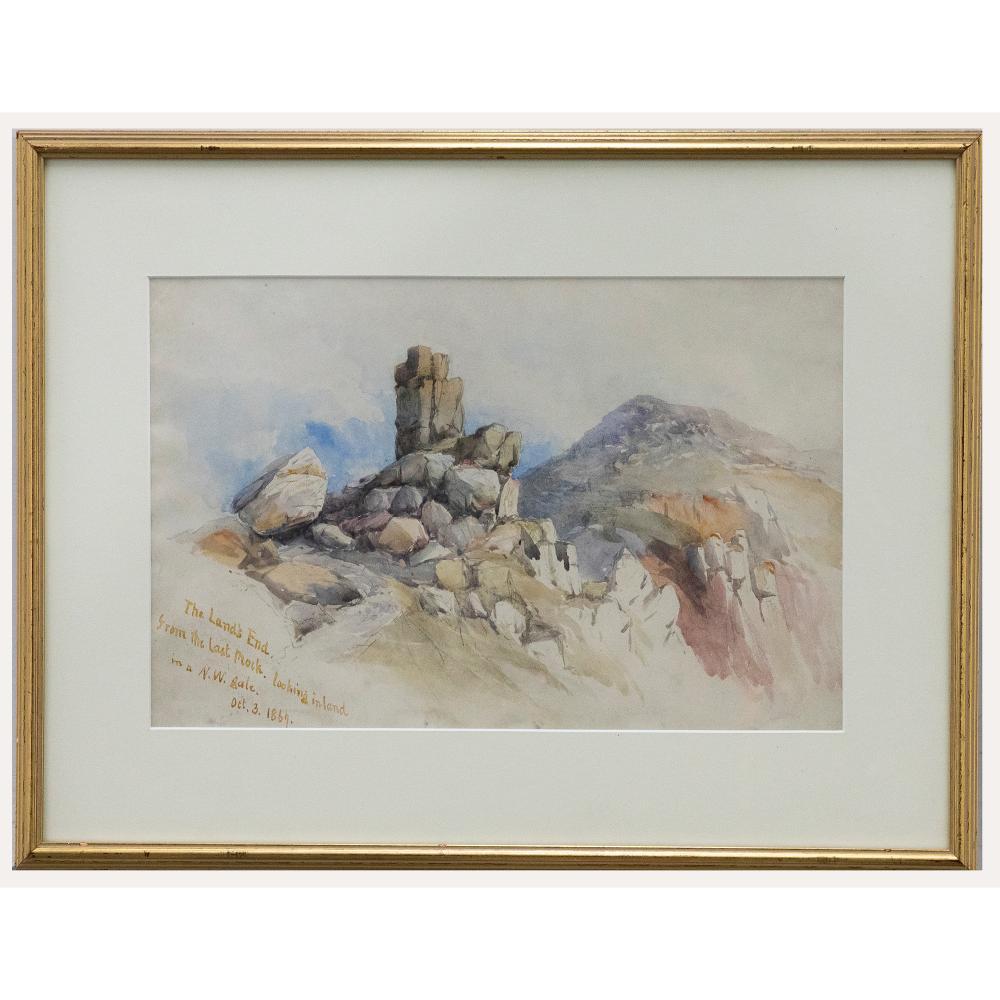 Unknown Landscape Art – Gerahmtes Aquarell aus der Mitte des 19. Jahrhunderts – Das Land's End, aus dem letzten Entwurf