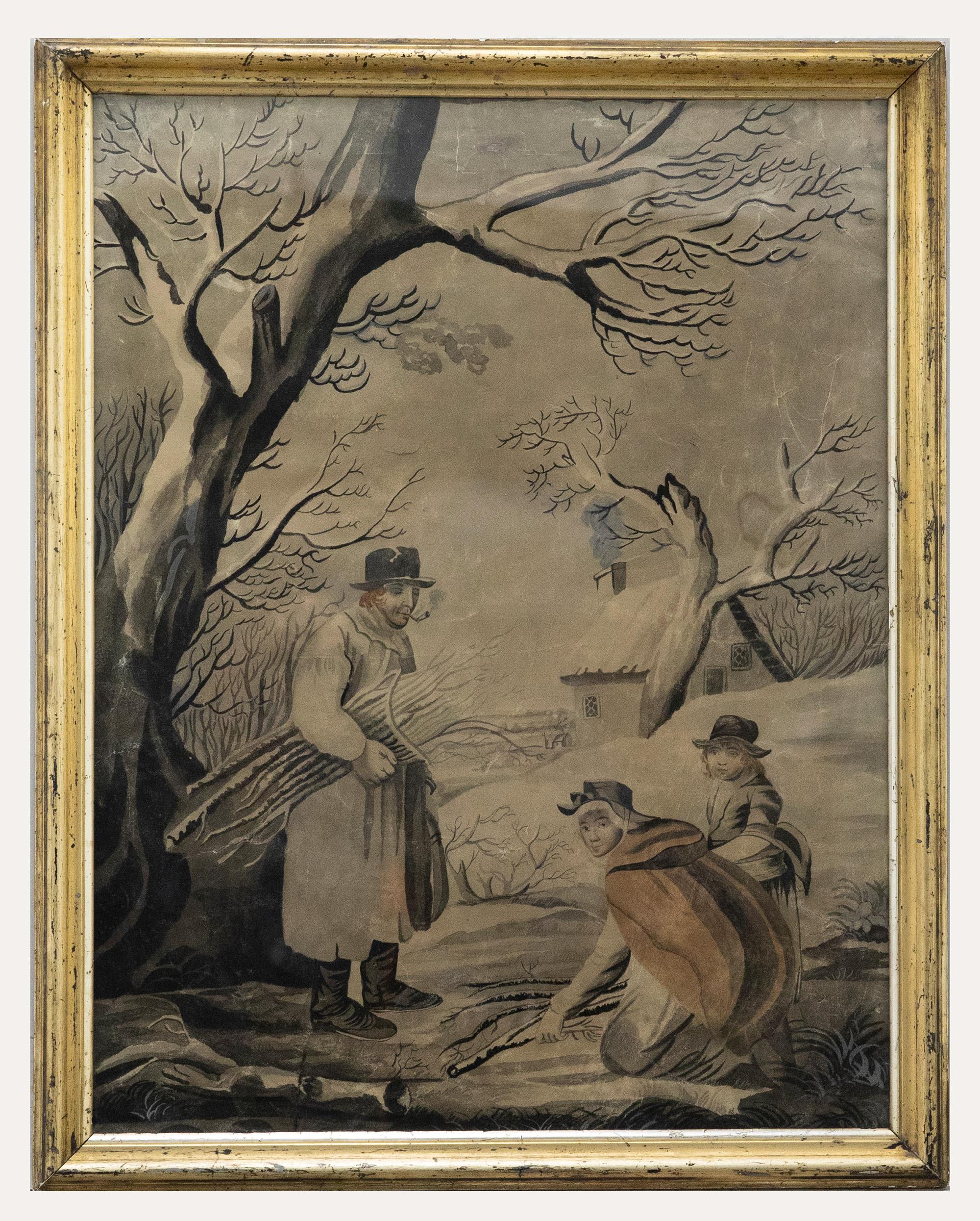 Unknown Figurative Art - Early 19th Century Watercolour - Gathering Kindling