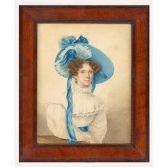1830 Watercolour - Regency Lady in a Blue Hat