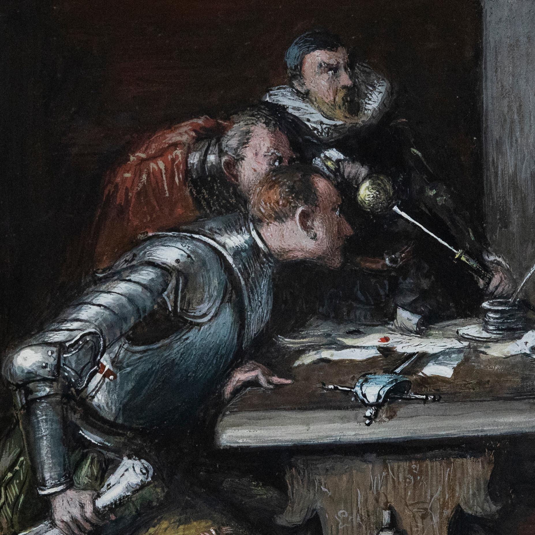 A dramatic 17th century gene scene in watercolours, caught in the manner of British artist Albert Leicester Burroughs (1881-1916). Presented in an elaborated gilt and swept frame with foliate ornamentation. The detailed composition bears the artist