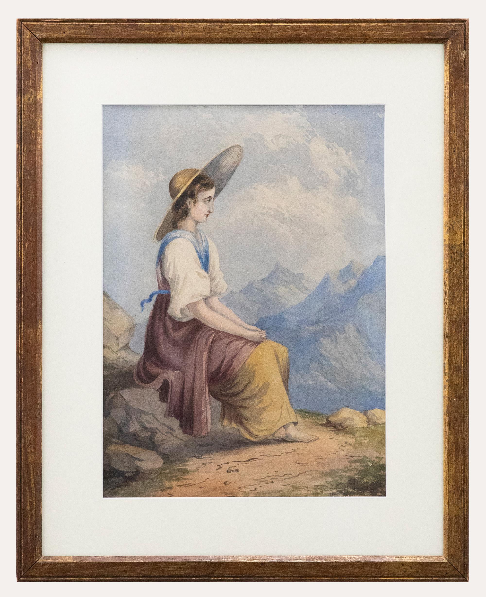 Unknown Portrait - Framed Mid 19th Century Watercolour - At the Cliffs Edge