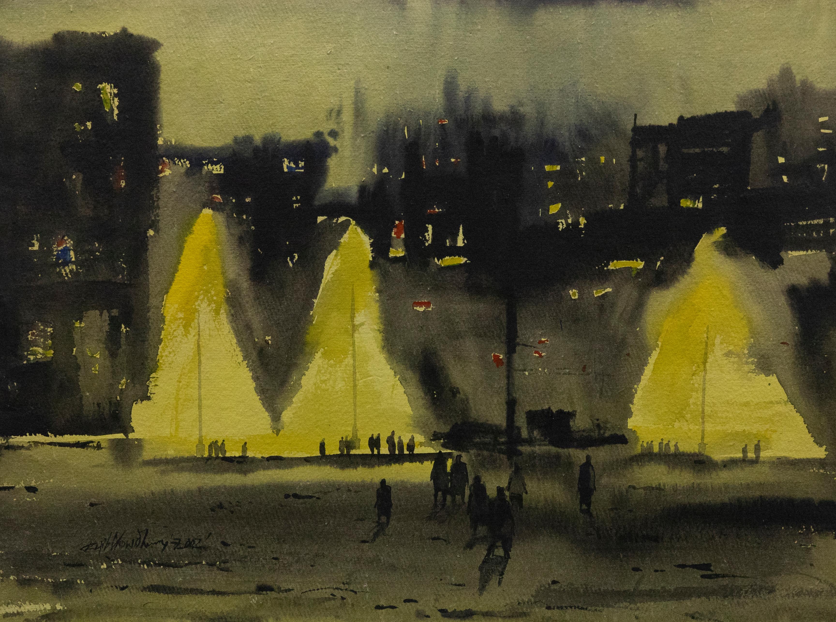 Unknown Landscape Art - 2002 Watercolour - Acid Lights, A City at Twilight