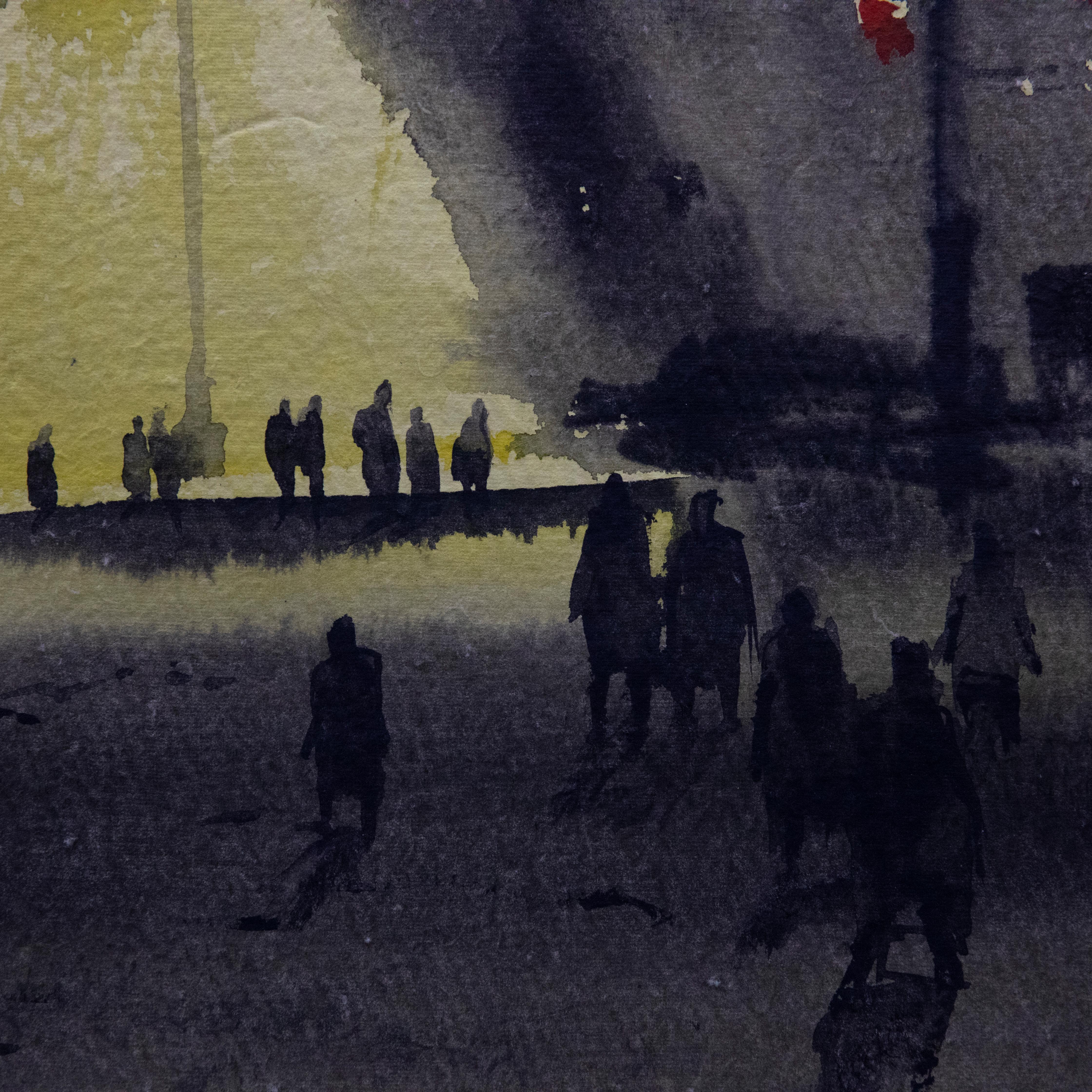 A striking urban cityscape with figures weaving between acidic yellow floodlights. This fine watercolour is signed indistinctly and dated to the lower left corner. On watercolour paper.