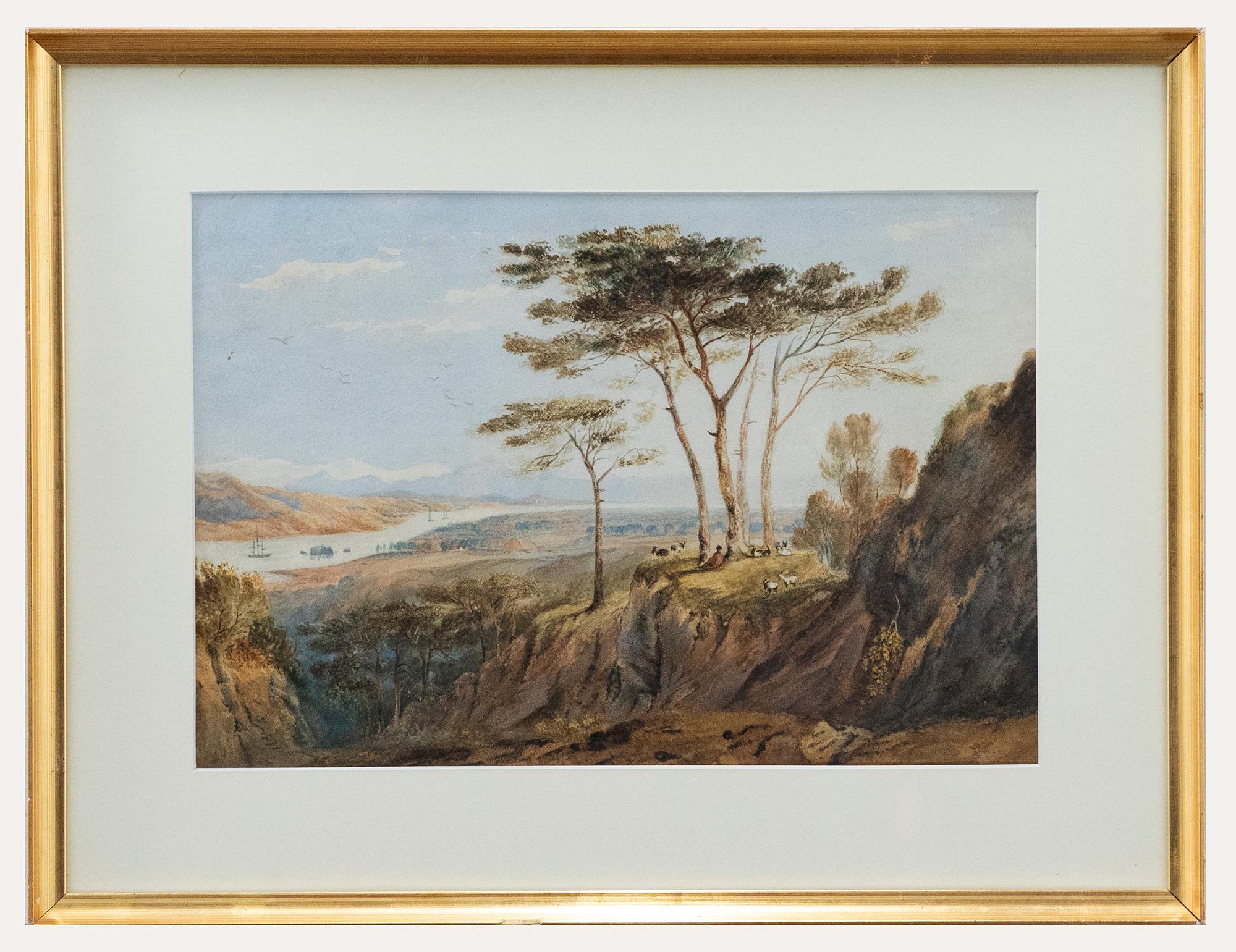 Unknown Landscape Art - Framed 19th Century Watercolour - Watching from the Hill