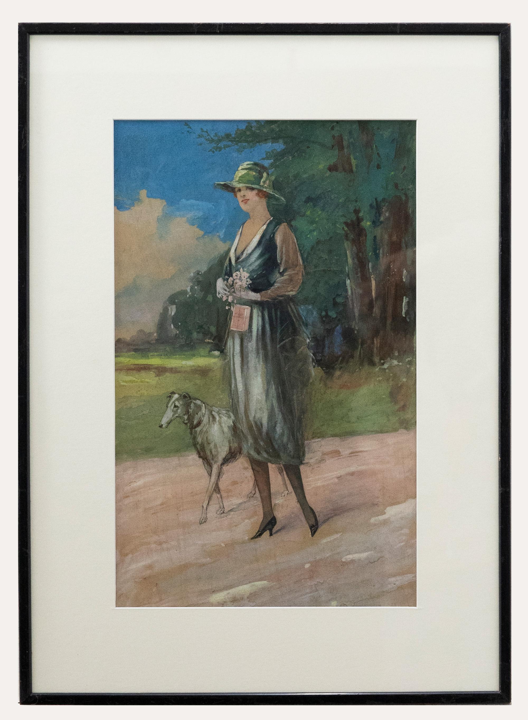 Unknown Portrait – Gouache des frühen 20. Jahrhunderts – Eine Frau und ihr Lurcher