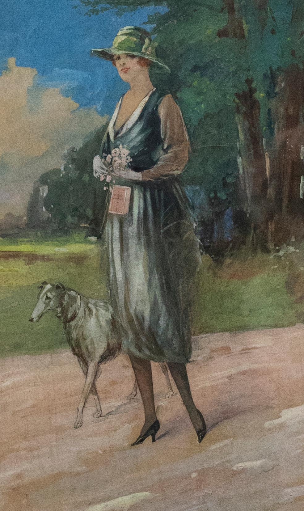 Gouache des frühen 20. Jahrhunderts – Eine Frau und ihr Lurcher – Art von Unknown