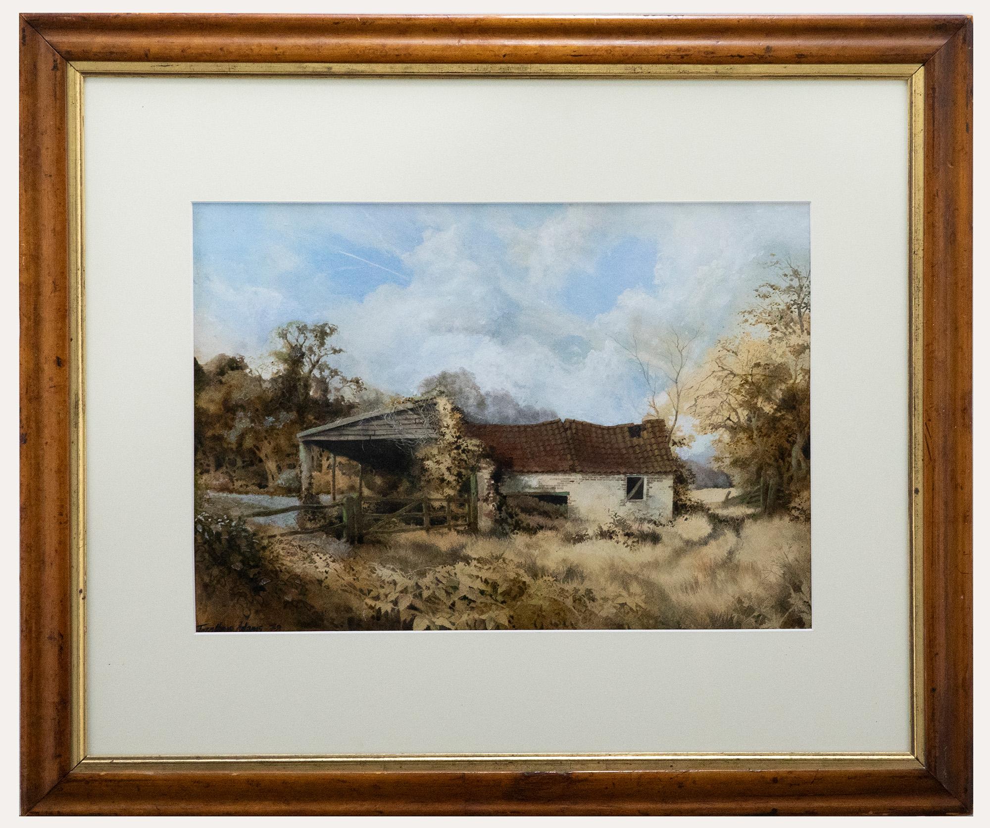 A charming watercolour study of an oil barn in Suffolk with a wooden lean-to. The artist captures the rugged barn and its wild surroundings in fine detail. Signed and dated to the lower left. Presented in a maple veneered frame. On paper.