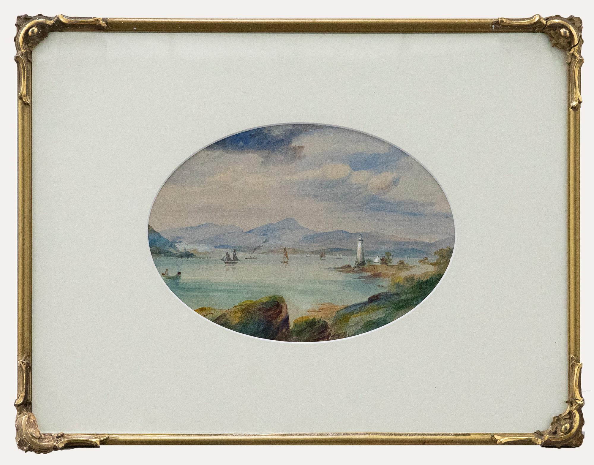 Gerahmtes Aquarell der English School des 19. Jahrhunderts - The White Lighthouse