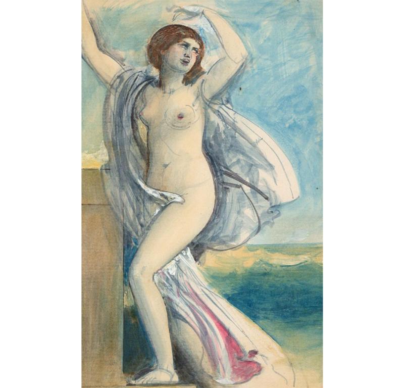 A charming watercolour study depicting a classical woman on a plinth. Unsigned. Presented in a white card mount. On paper.