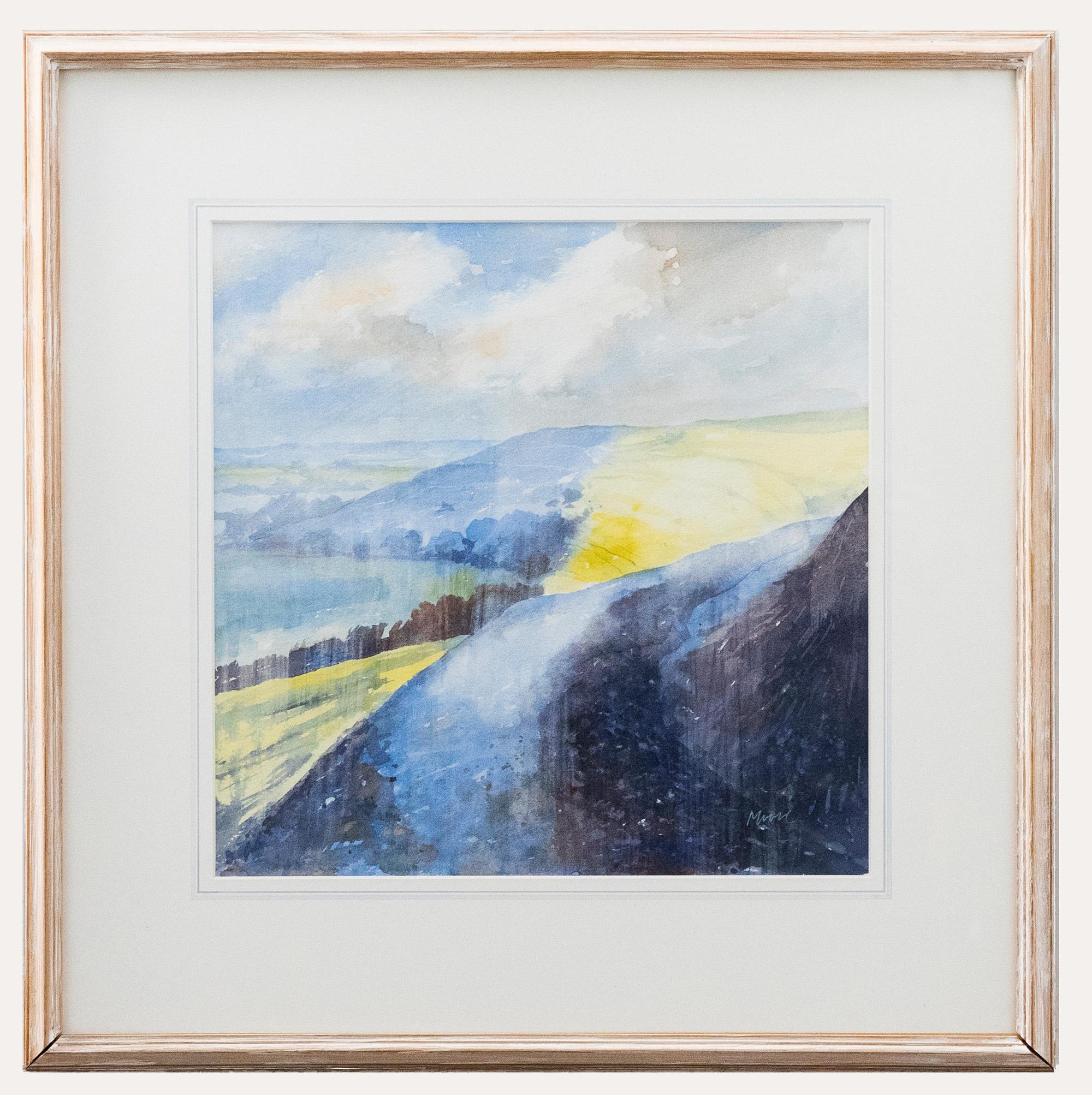 Une aquarelle vibrante de Brian Moore, représentant une vue magique depuis Hille, dans le magnifique comté du Dorset. Bien présenté dans un montage au lavis et un cadre lavé à la chaux. Signé par l'artiste en bas à droite. Sur papier aquarelle. 