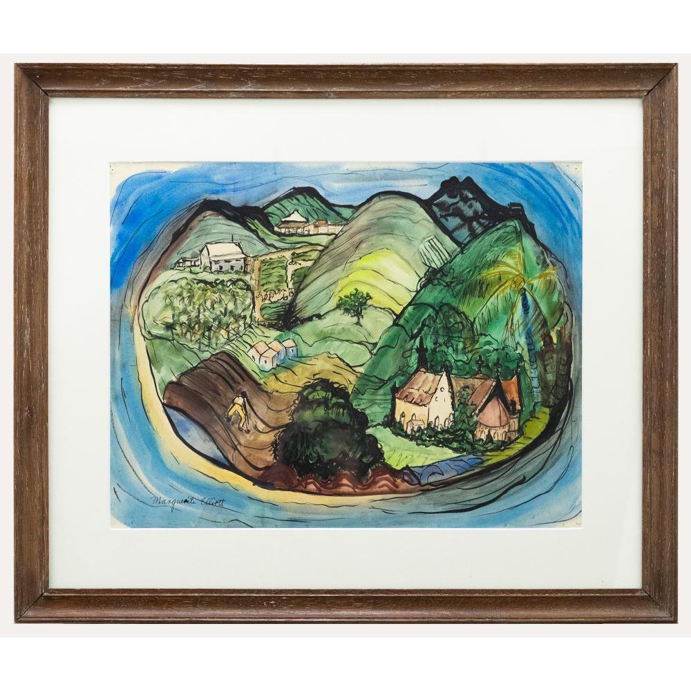 Margaret Elliott Landscape Art – Marguerite Elliott – gerahmtes Aquarell des 20. Jahrhunderts, Fantasieinsel, Fantasieinsel