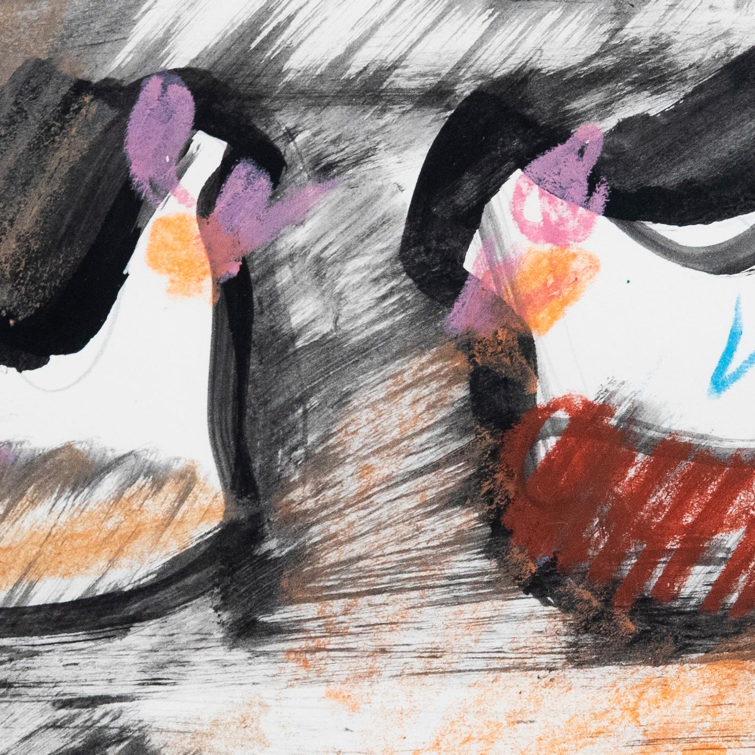 Eine eindrucksvolle abstrakte Szene mit ausdrucksstarken Formen, die an Tiere erinnern. Mit pastellfarbenen Details. Signiert, betitelt und datiert am unteren Rand. Präsentiert in einem vergoldeten Rahmen. Auf dem Papier. 