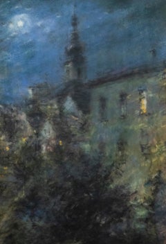 Frantisek Straznicky (1893-1985) - Framed Pastel, Church Spire in Moonlight