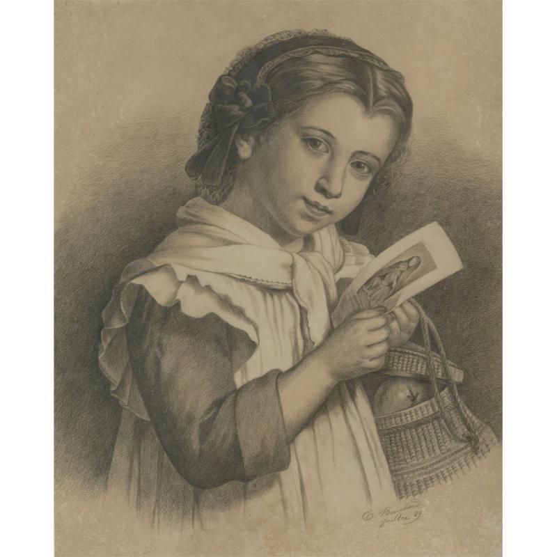 E. Bouchard - French School 1889 Graphite Drawing, Portrait of a Little Girl - Art by Unknown