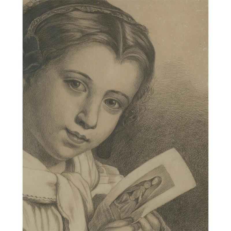 A very finely drawn portrait of a little girl holding a wicker basket and picture of Jesus and the Virgin Mary. Signed to the lower edge and inscribed in French 'July 18899'. On paper.
