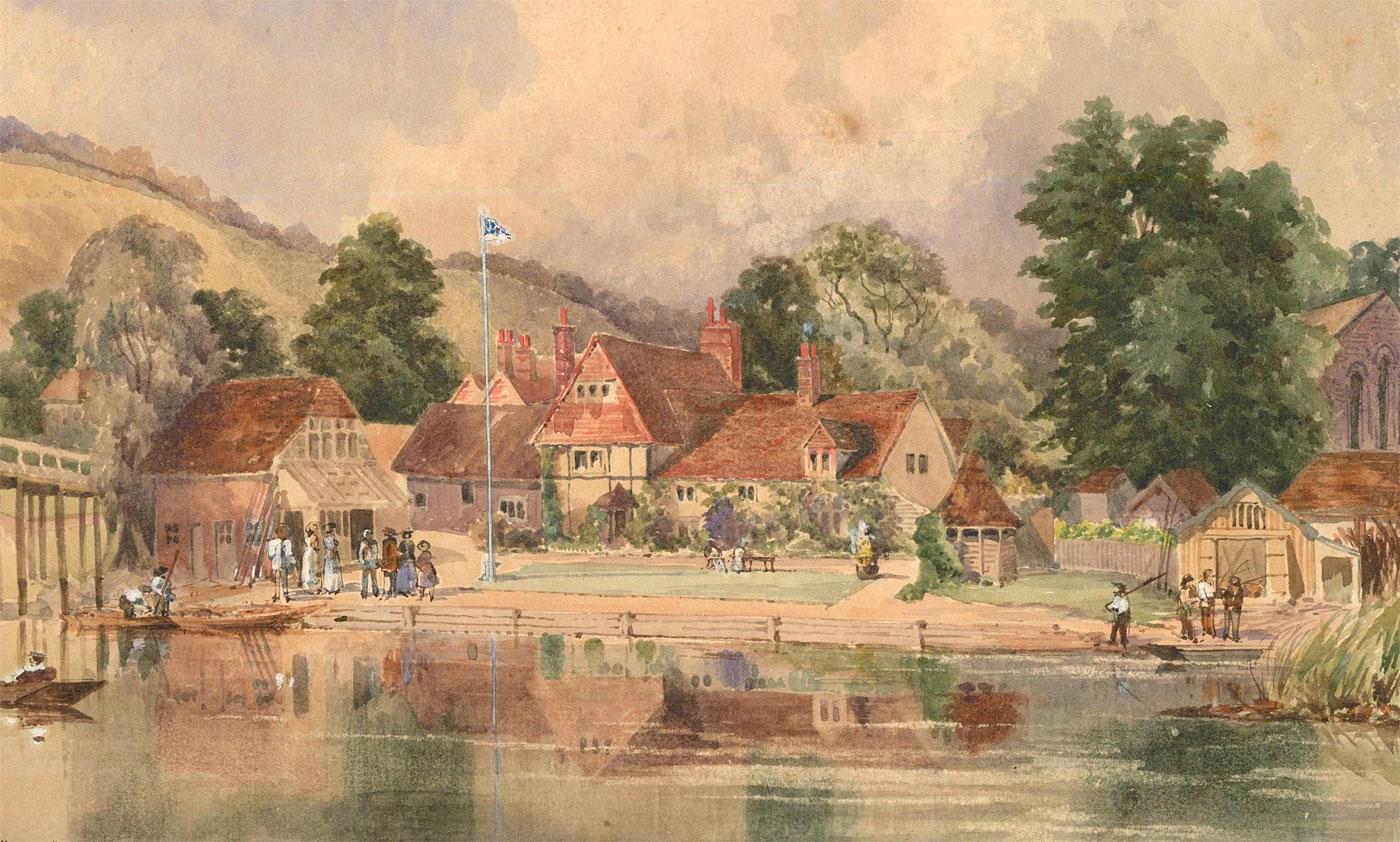 Unknown Landscape Art - E. J. Lowther - 1891 Watercolour, The Swan at Streatley on Thames