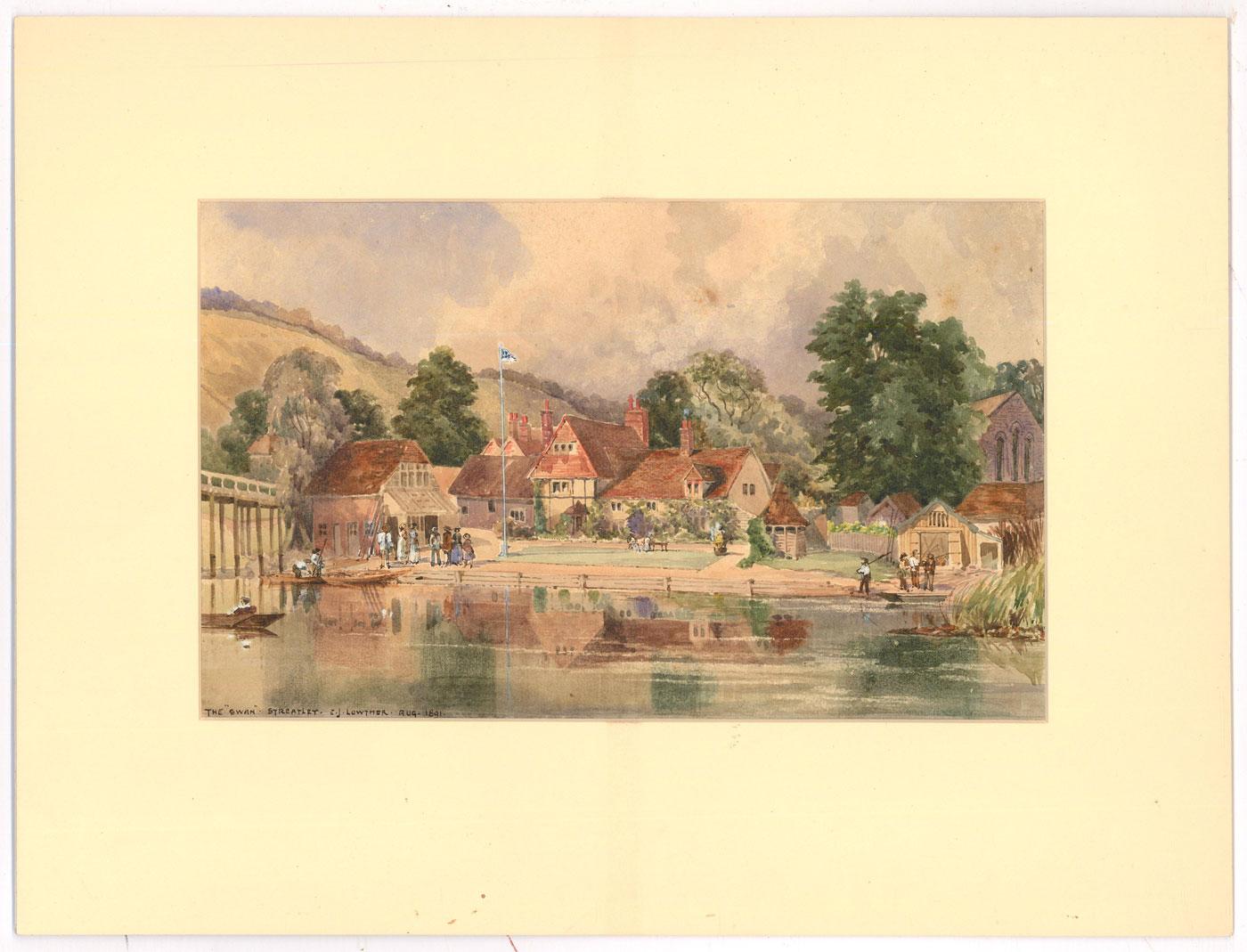 E. J. Lowther - 1891 Watercolour, The Swan at Streatley on Thames - Art by Unknown